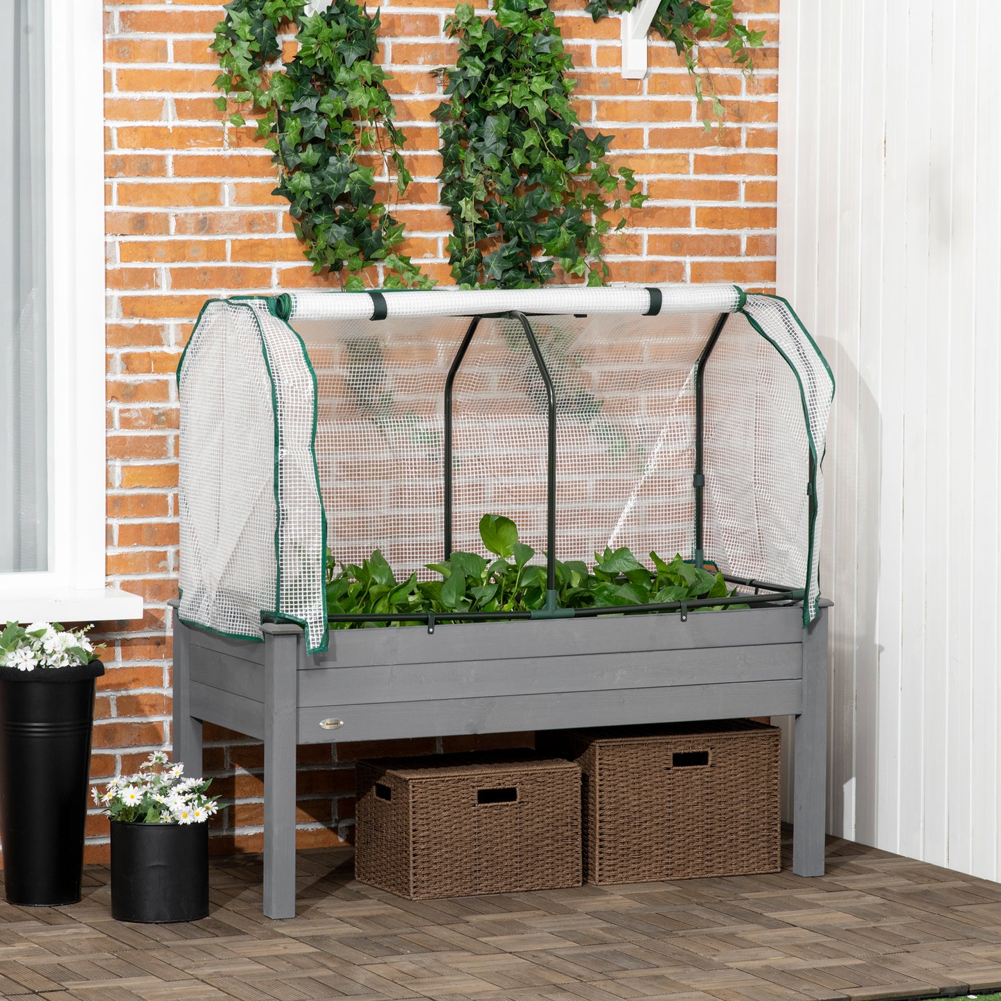 Outsunny Raised Garden Bed Outdoor Elevated Wood Planter Box w/ PE Cover, Dark Grey