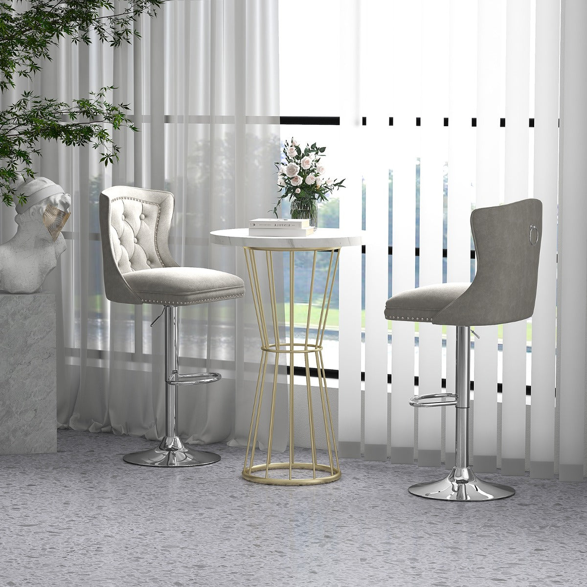 Dutch Velvet Bar Stool with Footrest-Grey