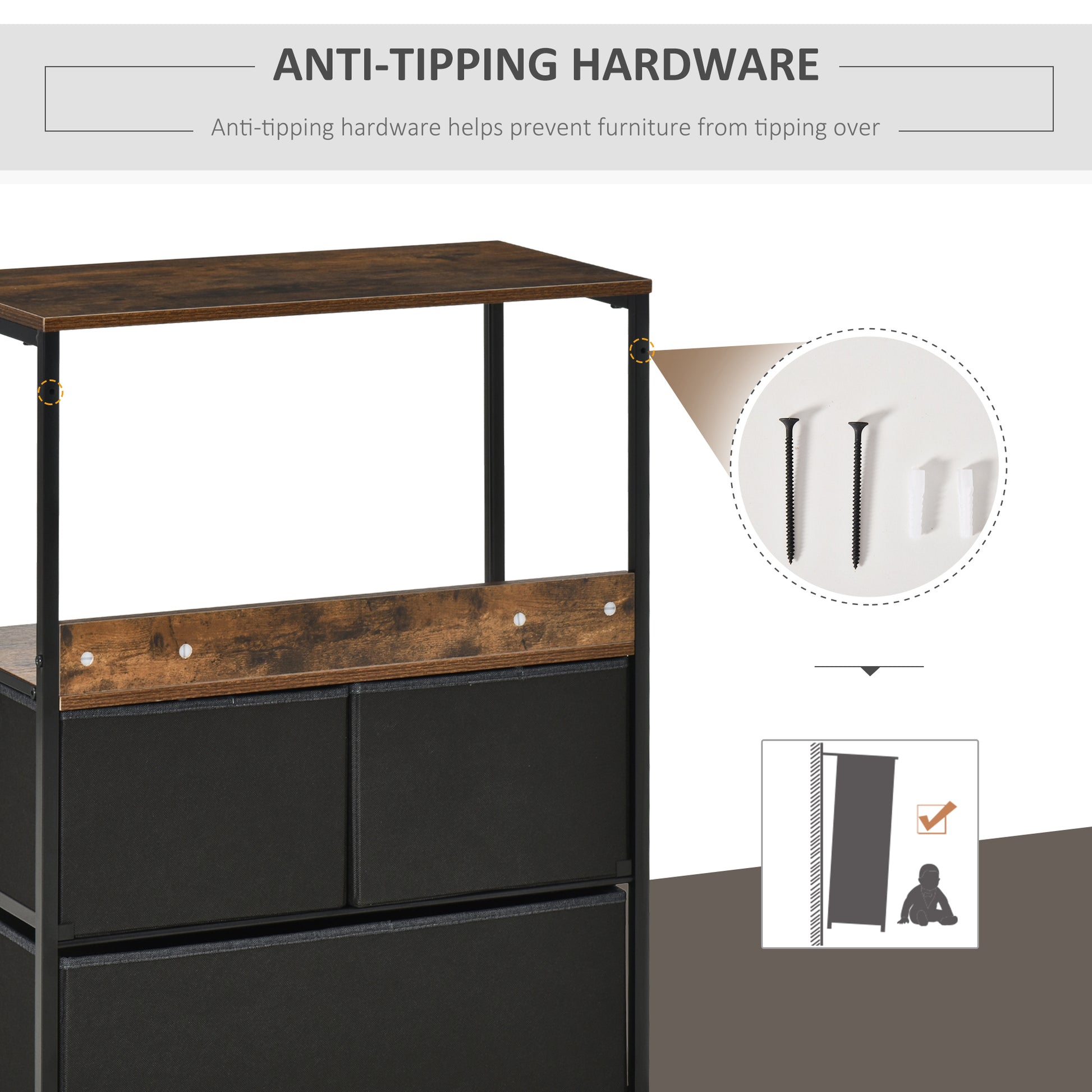 HOMCOM Chest of Drawers Bedroom Unit Storage Cabinet with 3 Fabric Bins for Living Room, Bedroom and Entryway, Black