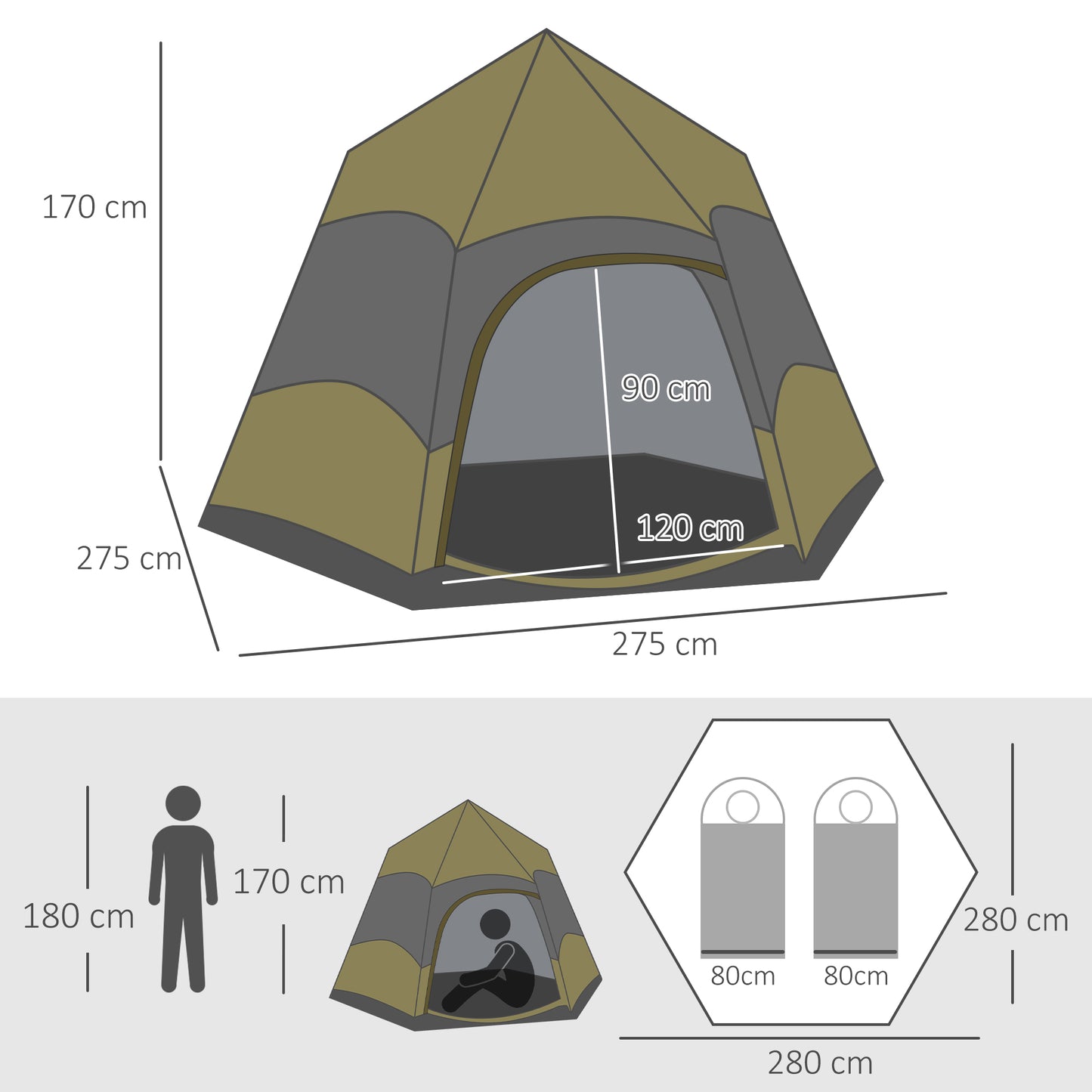 Outsunny Six Man Hexagon Camping Tent with Hang Hook and Carry Bag - Dark Green and Light Grey