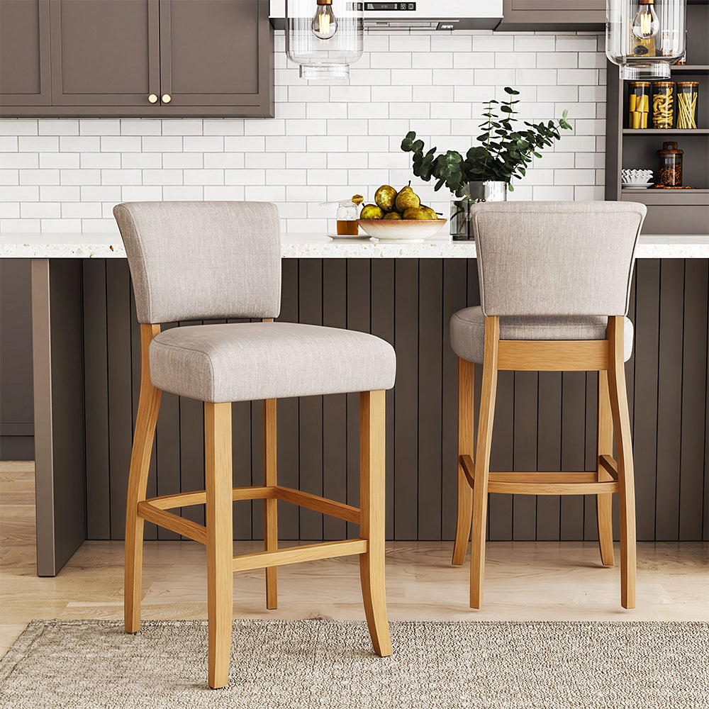 2x Linen Bar Stools Counter Dining Chair With Solid Wood Leg Footrest - Beige White