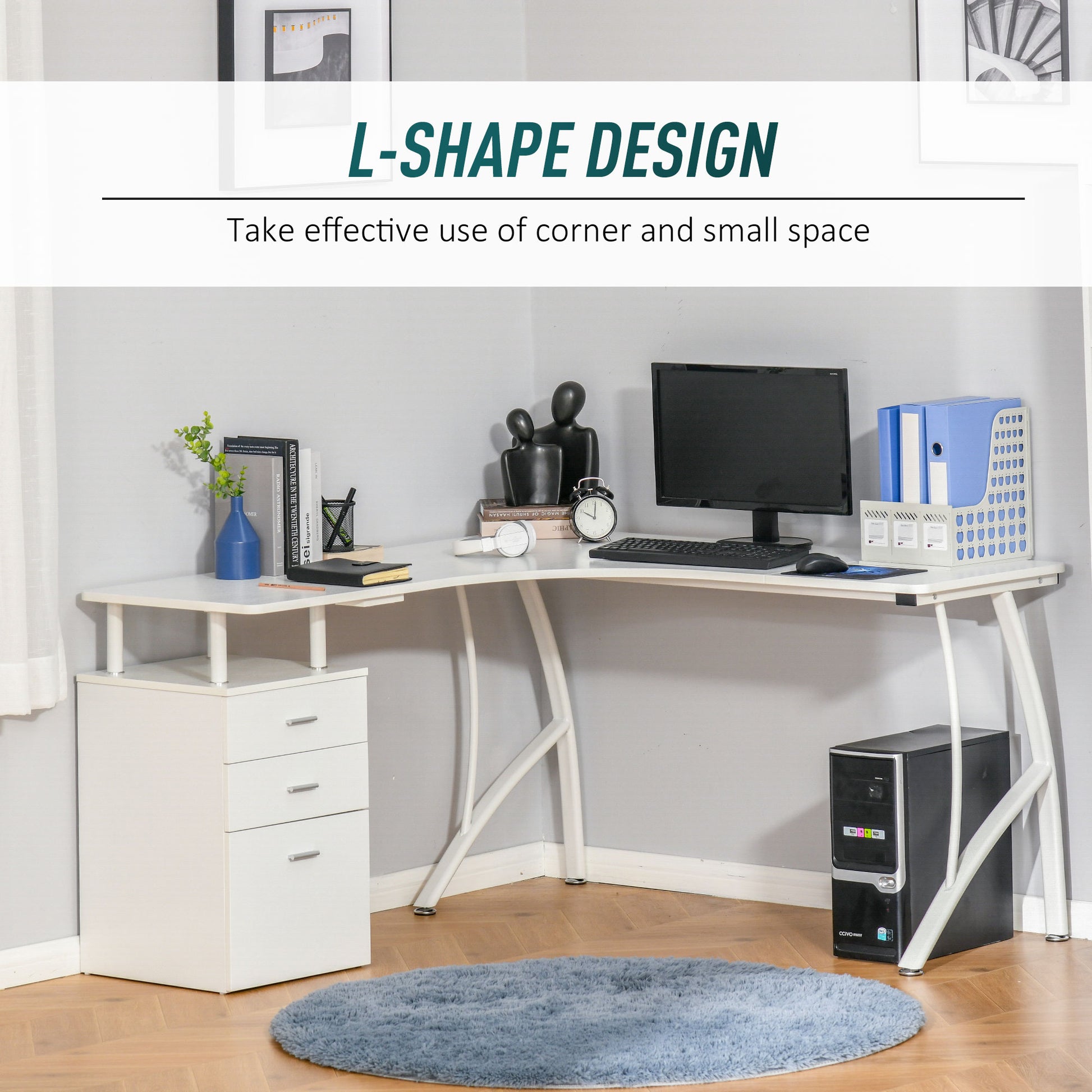 HOMCOM L-Shaped Computer Desk Table with Storage Drawer Home Office Corner Industrial Style Workstation, White