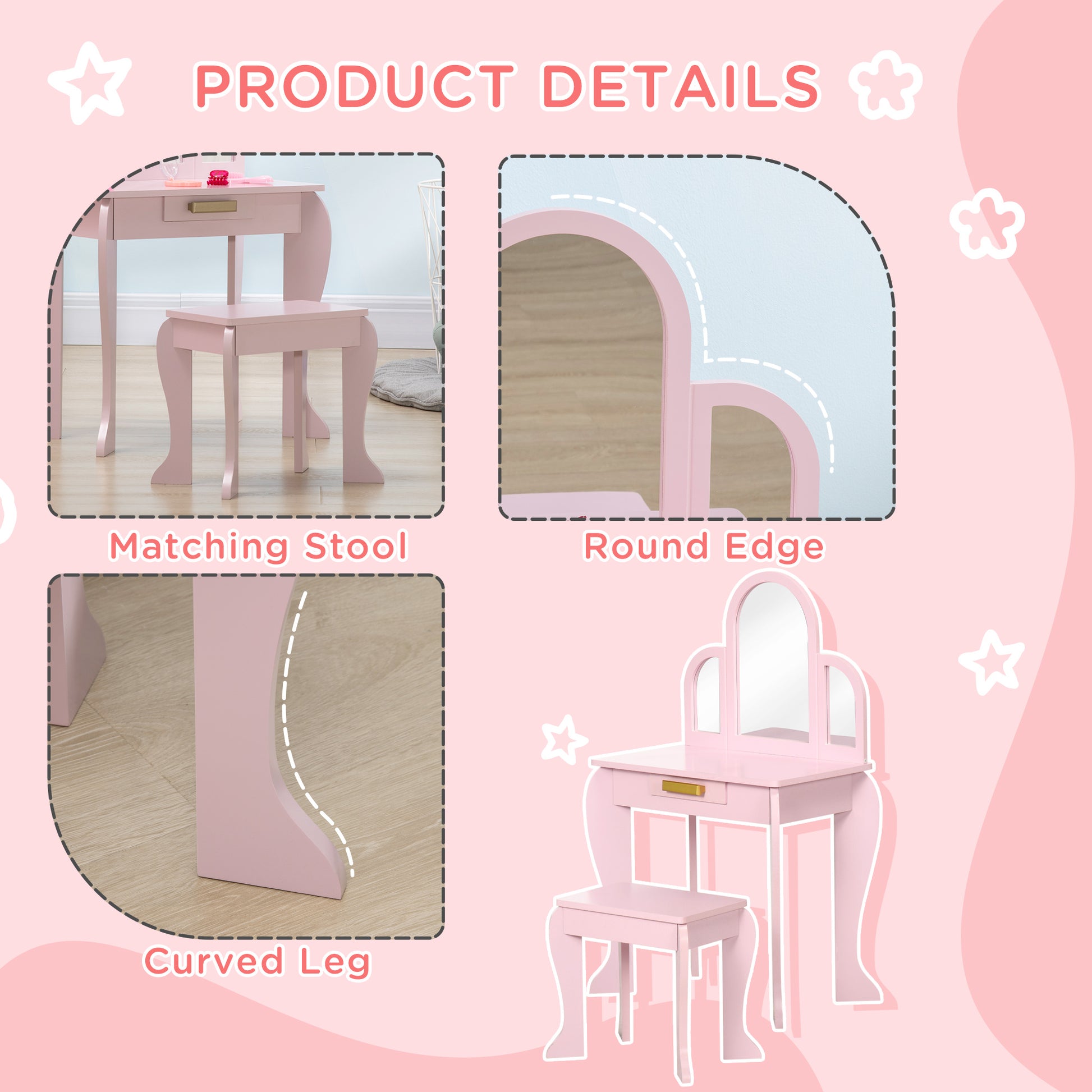 HOMCOM Kids Dressing Table with Mirror and Stool, Kids Vanity Set, Girl Makeup Desk with Drawer for 3-6 Years Old Children, Pink