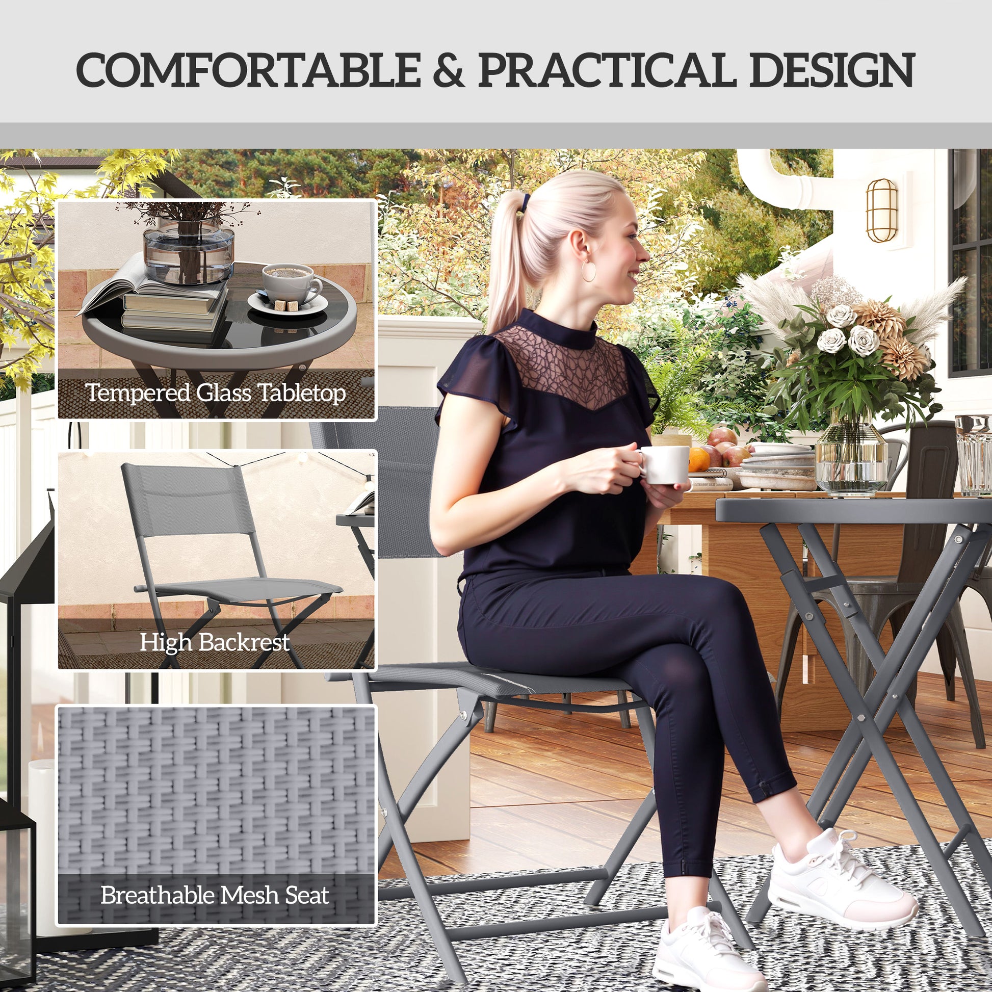 Outsunny 3 Pieces Outdoor Bistro Set, Glass Top Outdoor Table and 2 Folding Chairs with Protecting Feet, Grey