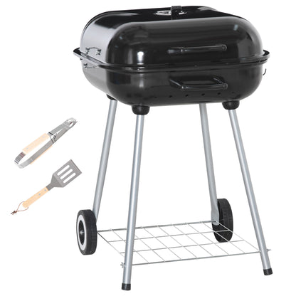 Outsunny Portable BBQ Charcoal Grill with 2 Wheels and Cooking Utensils, Smoker Grill with Lid for Outdoor Barbecues, Camping, Picnic, Courtyard