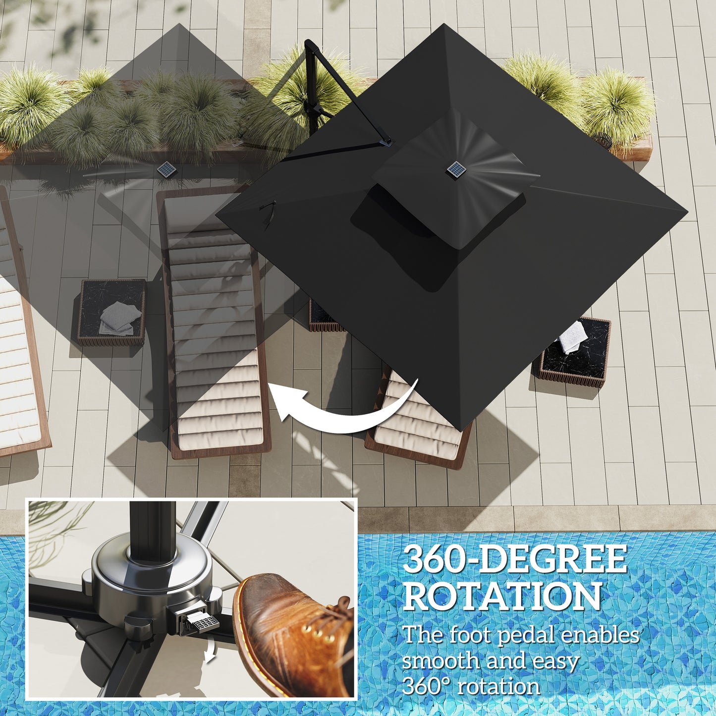 Outsunny 3.5x3 m Garden Cantilever Parasol with Solar LED Lights and Centre Light, UPF50+ Aluminium Patio Umbrella with 360° Rotation and Tilt, Hanging Sun Shade with Cross Base, Crank Handle, Black