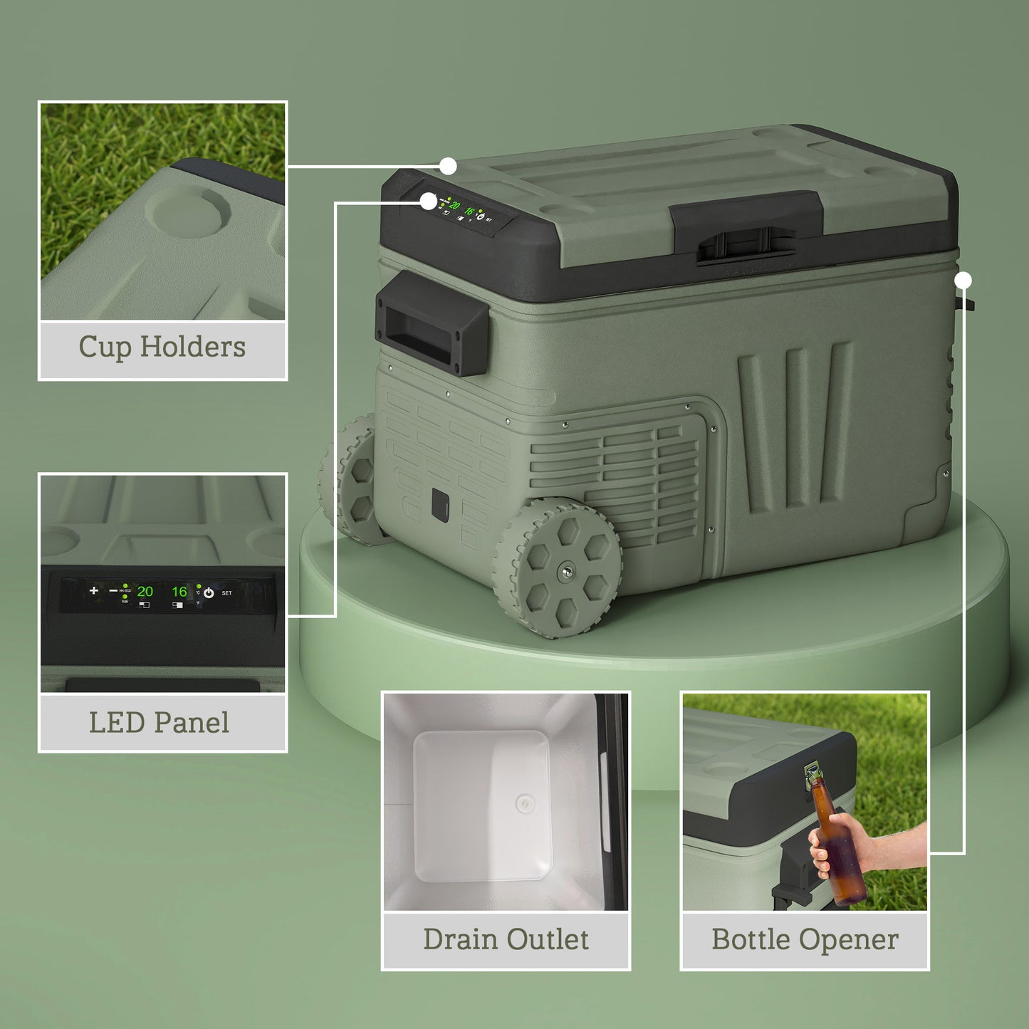 Outsunny 33L Camping Fridge Freezer Dual Zone, Portable Car Fridge 12V/24V DC & 100-240V AC, Electric Cool Box -20?-20? with Wheels and LED Light, for Travel, RV, Road Trip, Picnic [Energy Class E]