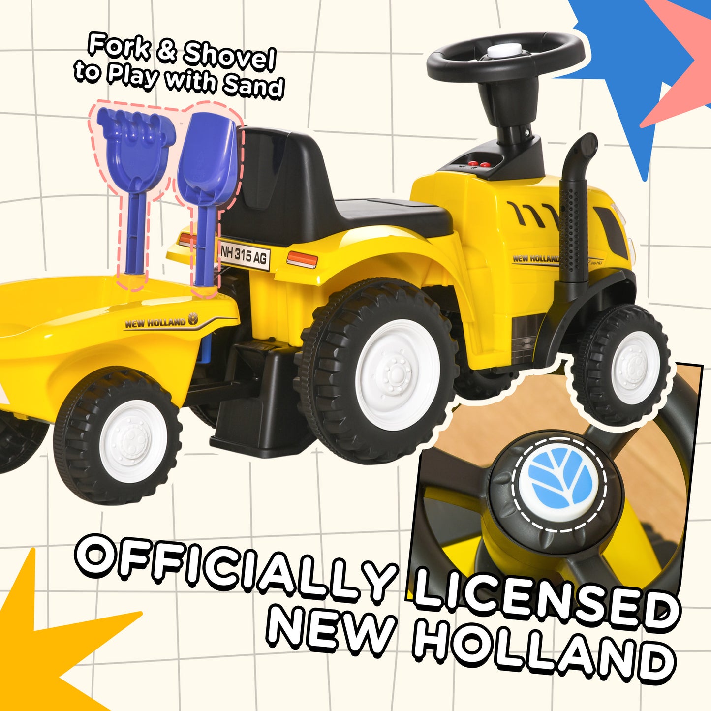 HOMCOM Compatible Baby Toddler Sliding Car NEW HOLLAND Licensed Foot to Floor Slider w/ Horn Storage Big Steering Wheel for 12-36 Months Yellow