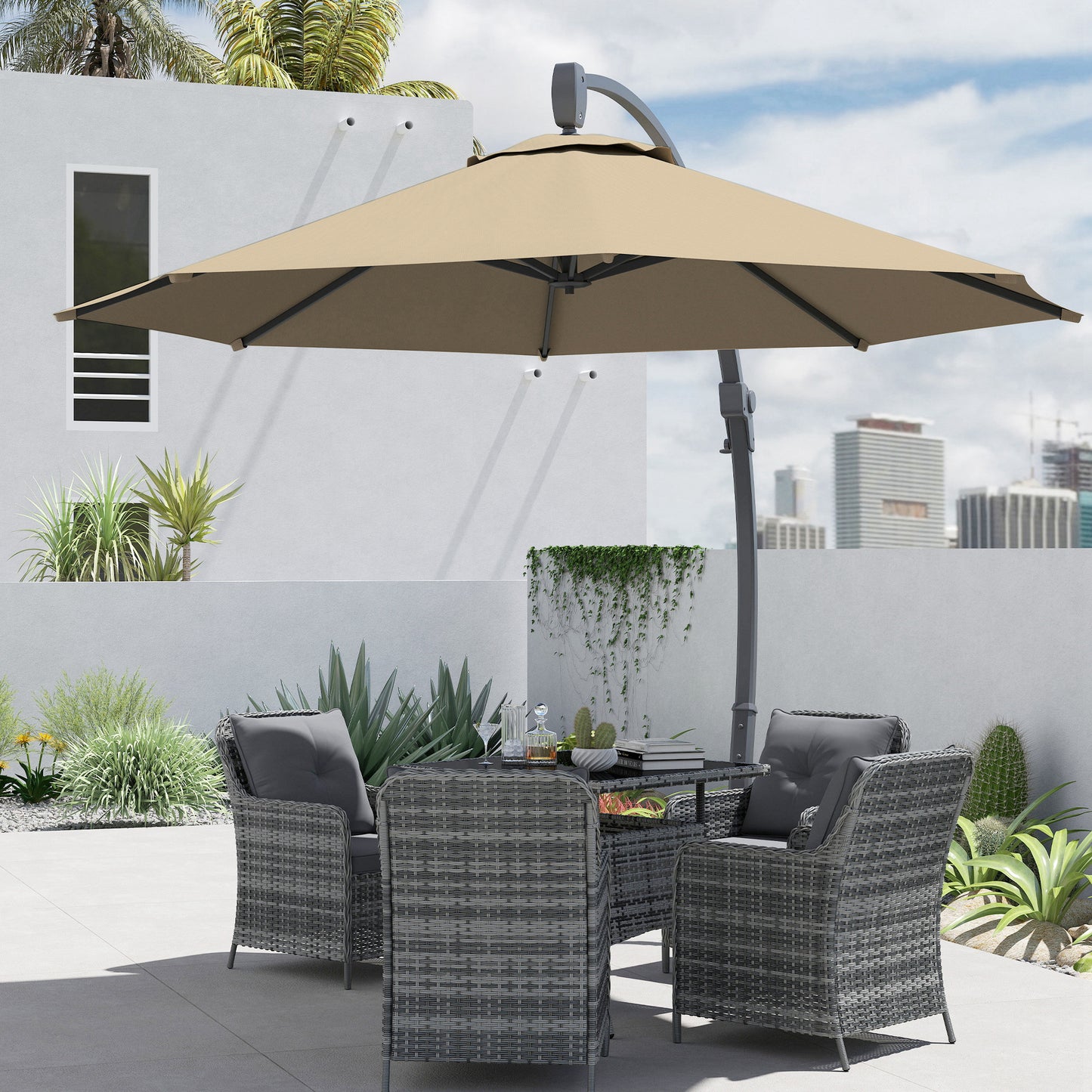 Outsunny 3(m) Garden Cantilever Parasol, Round Overhanging Umbrella with Crank Handle, Cross Base, Aluminium Frame and 360° Rotation, Banana Patio Umbrella for Outdoor Sun Shade, Khaki