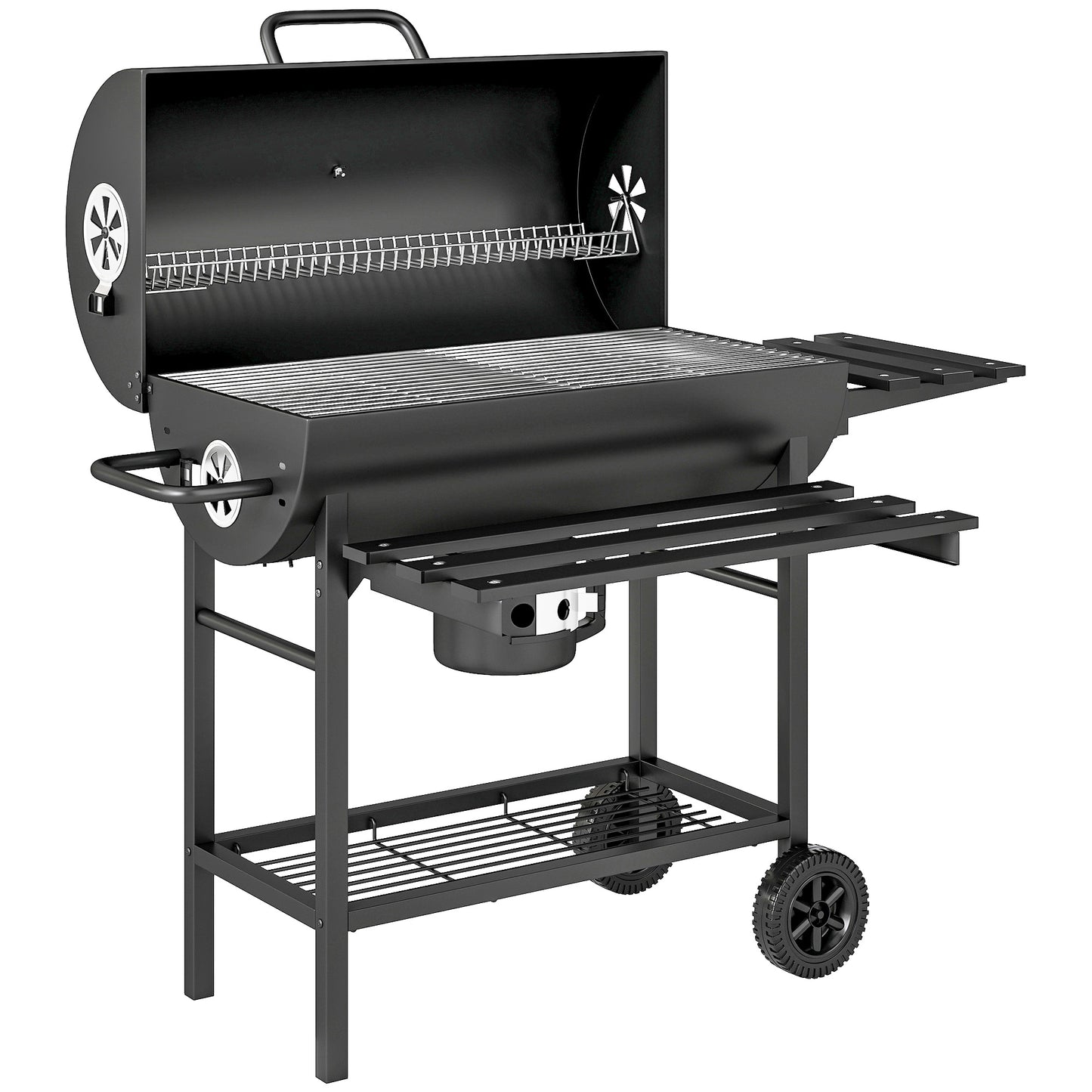 Outsunny Charcoal BBQ Grill with Foldable Front Side Shelf, Portable Barbecue Smoker with Warming Rack, Bottom Shelf, Lid, Temperature Gauge, Wheels for Outdoor Cooking Garden Party, Black