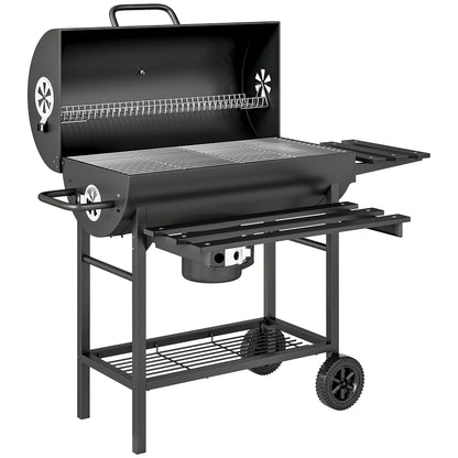 Outsunny Charcoal BBQ Grill with Foldable Front Side Shelf, Portable Barbecue Smoker with Warming Rack, Bottom Shelf, Lid, Temperature Gauge, Wheels for Outdoor Cooking Garden Party, Black