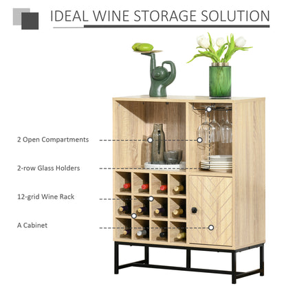 HOMCOM Wine Rack for 12 Bottles, Freestanding Wine Rack Sideboard Serving Bar with Glass Holders, Brown