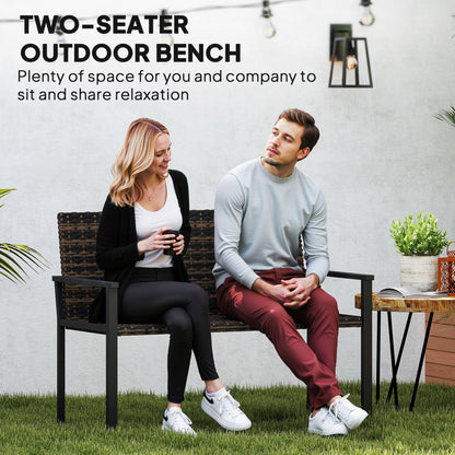 Outsunny 2 Seater Rattan Garden Bench, Outdoor Bench with Quick-Drying Cotton Padding, Wicker Garden Loveseat with Armrests, Steel Frame for Patio, Park, Mixed Brown