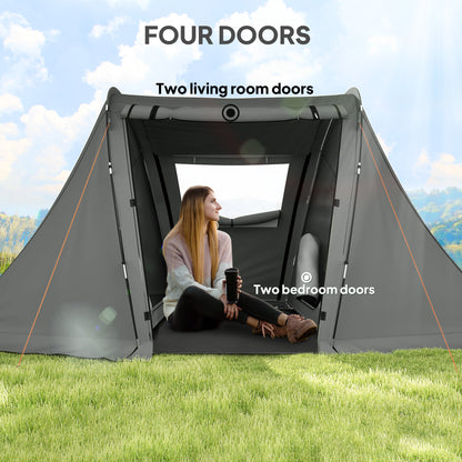Outsunny 3 Man Camping Tent with Living Area and 2 Bedrooms, 3000mm Waterproof Family Tent with Sewn-in Groundsheet, Portable Dome Tent with Bag for Hiking, Festival, Backpacking, Drak Grey