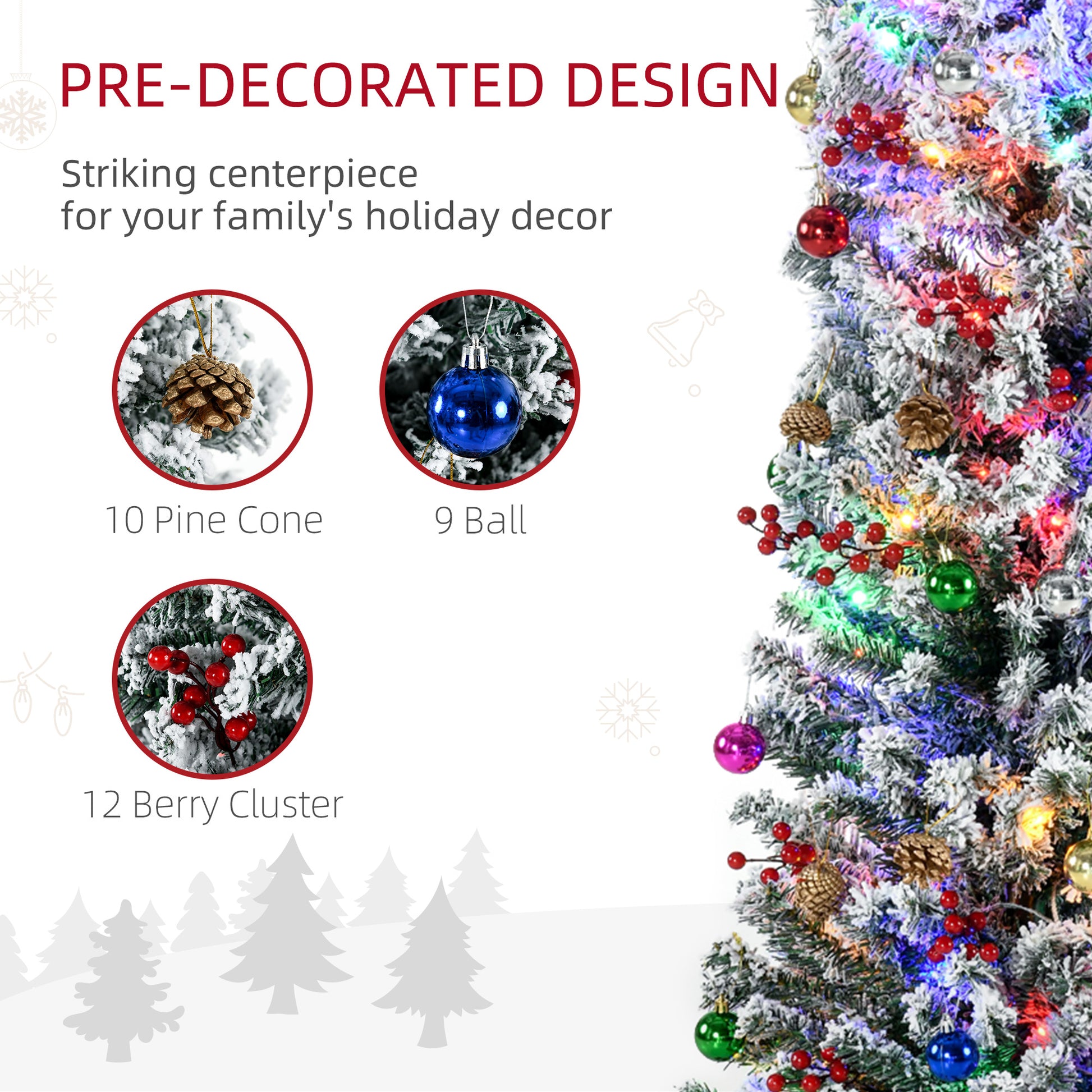 HOMCOM 6' Artificial Prelit Christmas Trees Holiday Décor with Warm White LED Lights, Flocked Tips, Berry, Pine Cone