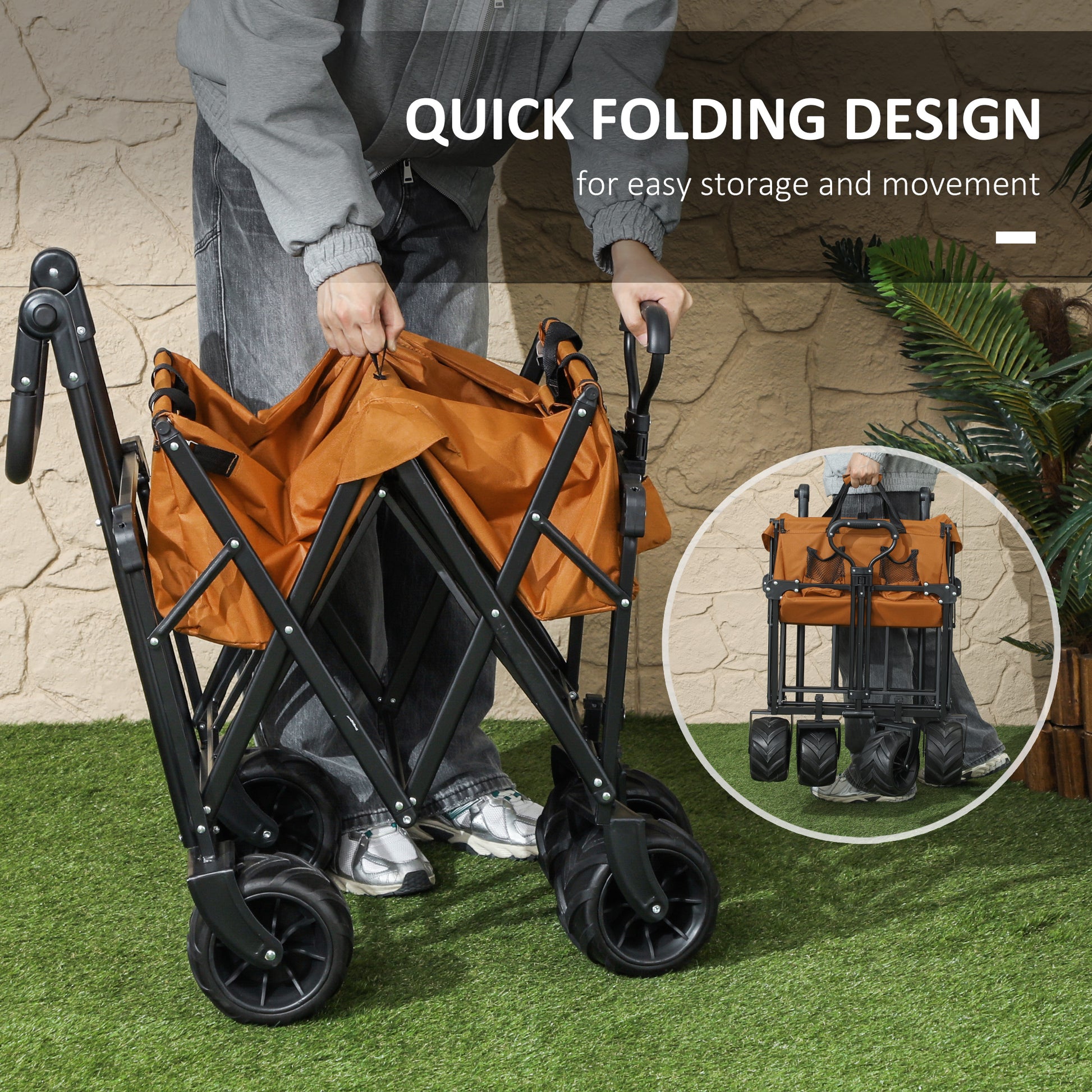 Outsunny 120L Festival Trolley on Wheels, Folding Camping Trolley Cart with Removable Canopy, All-Terrain Wheels, Adjustable Handle and Side Pockets for Garden Beach Fishing Shopping, Orange