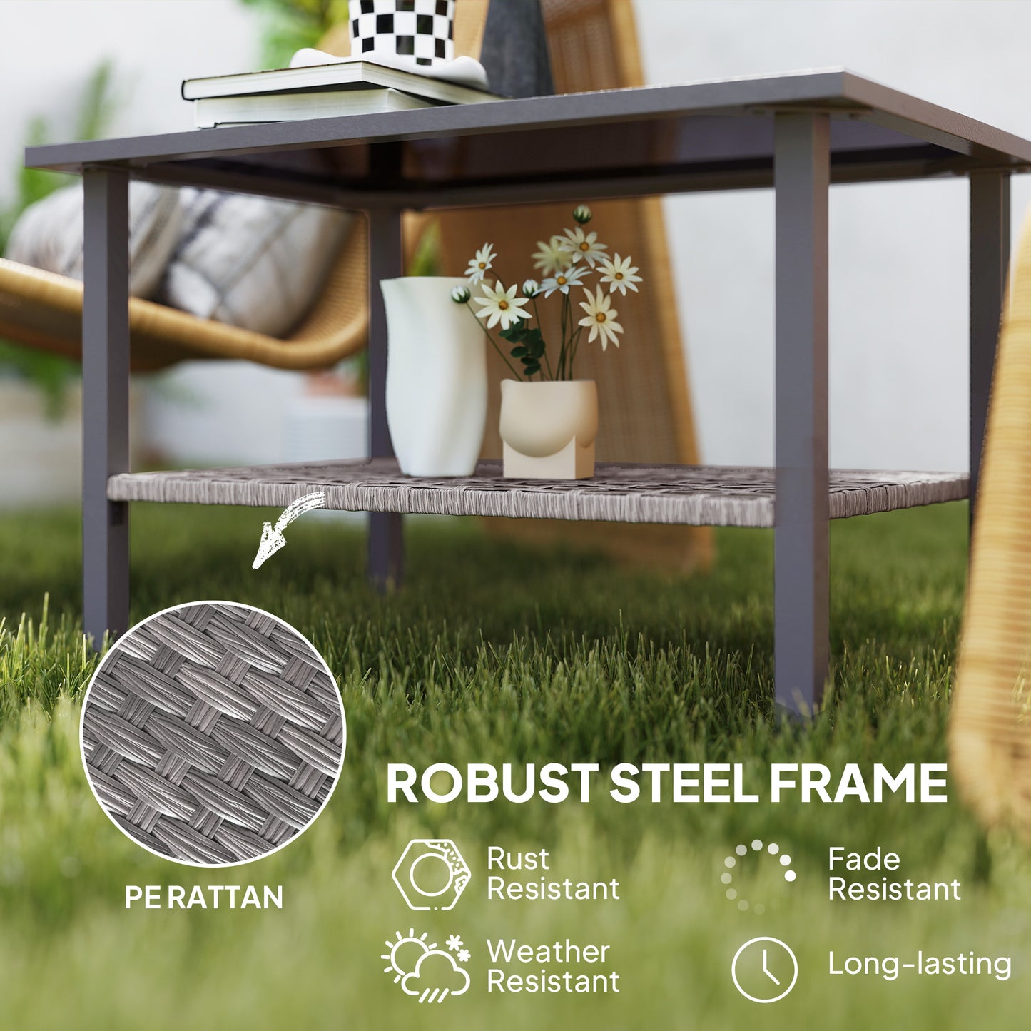 Outsunny Outdoor Rattan Coffee Table with Tempered Glass Top, Storage Shelf, Foot Pads, for Patio, Balcony, Mixed-grey