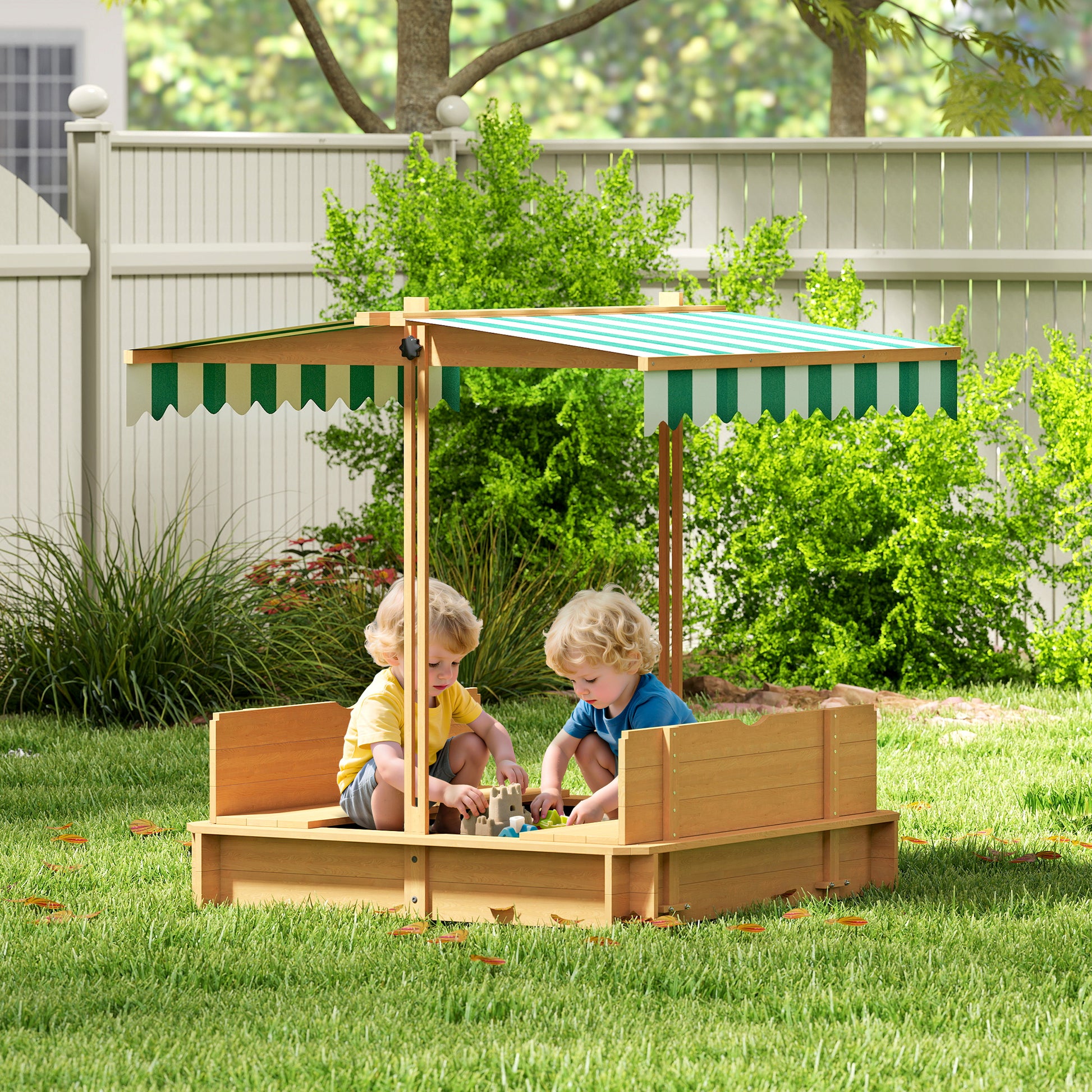 Outsunny Wooden Sandpit with Adjustable Canopy Light Brown