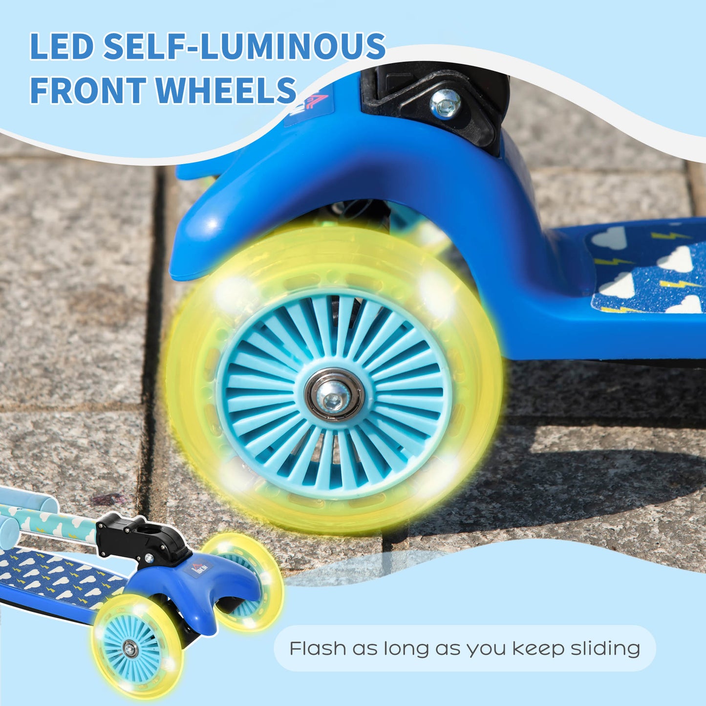HOMCOM Scooter for Kids Toddler Foldable Kick Scooter with 3 Wheel Adjustable Height Flashing Wheels for Boys and Girls 3-8 Years Blue