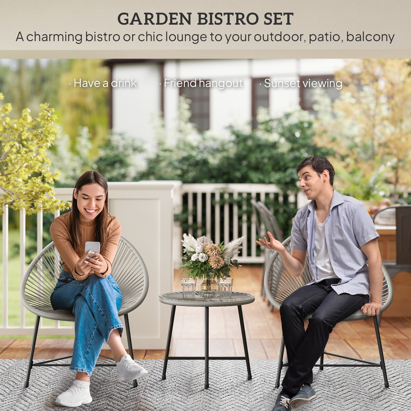 Outsunny 3 Pieces Rattan Bistro Set, Garden Bistro Set with Acapulco Chairs and Glass Top Table, Small Garden Furniture Set with Reinforced Metal Frame for Outdoor, Patio, Balcony, Grey