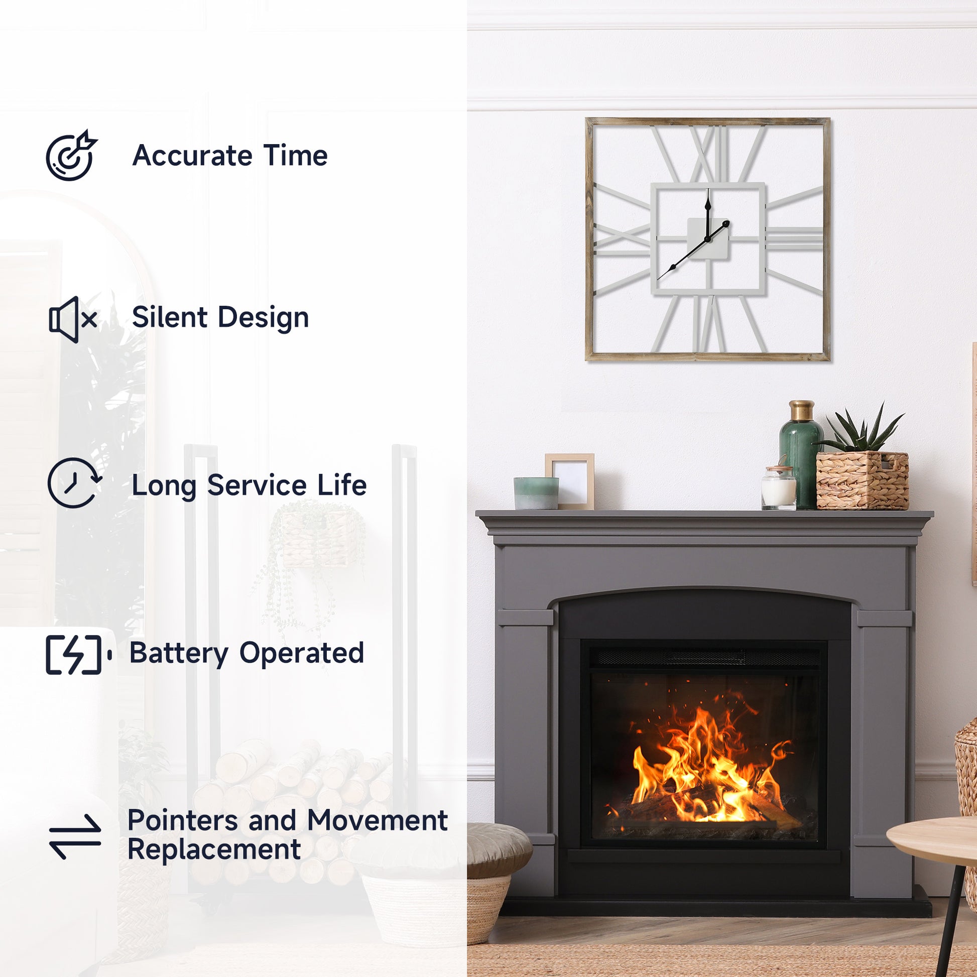 HOMCOM Vintage Large Wall Clock with Roman Numerals, 60cm/24 Inch Silent Non Ticking Metal Wood Clocks for Living Room Kitchen, Distressed White