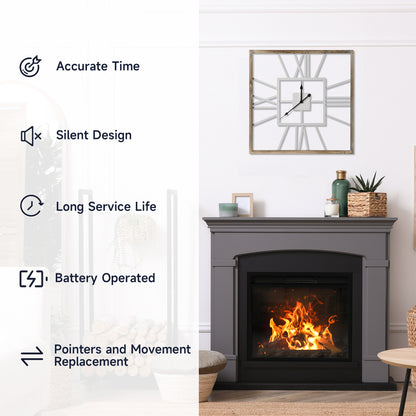 HOMCOM Vintage Large Wall Clock with Roman Numerals, 60cm/24 Inch Silent Non Ticking Metal Wood Clocks for Living Room Kitchen, Distressed White