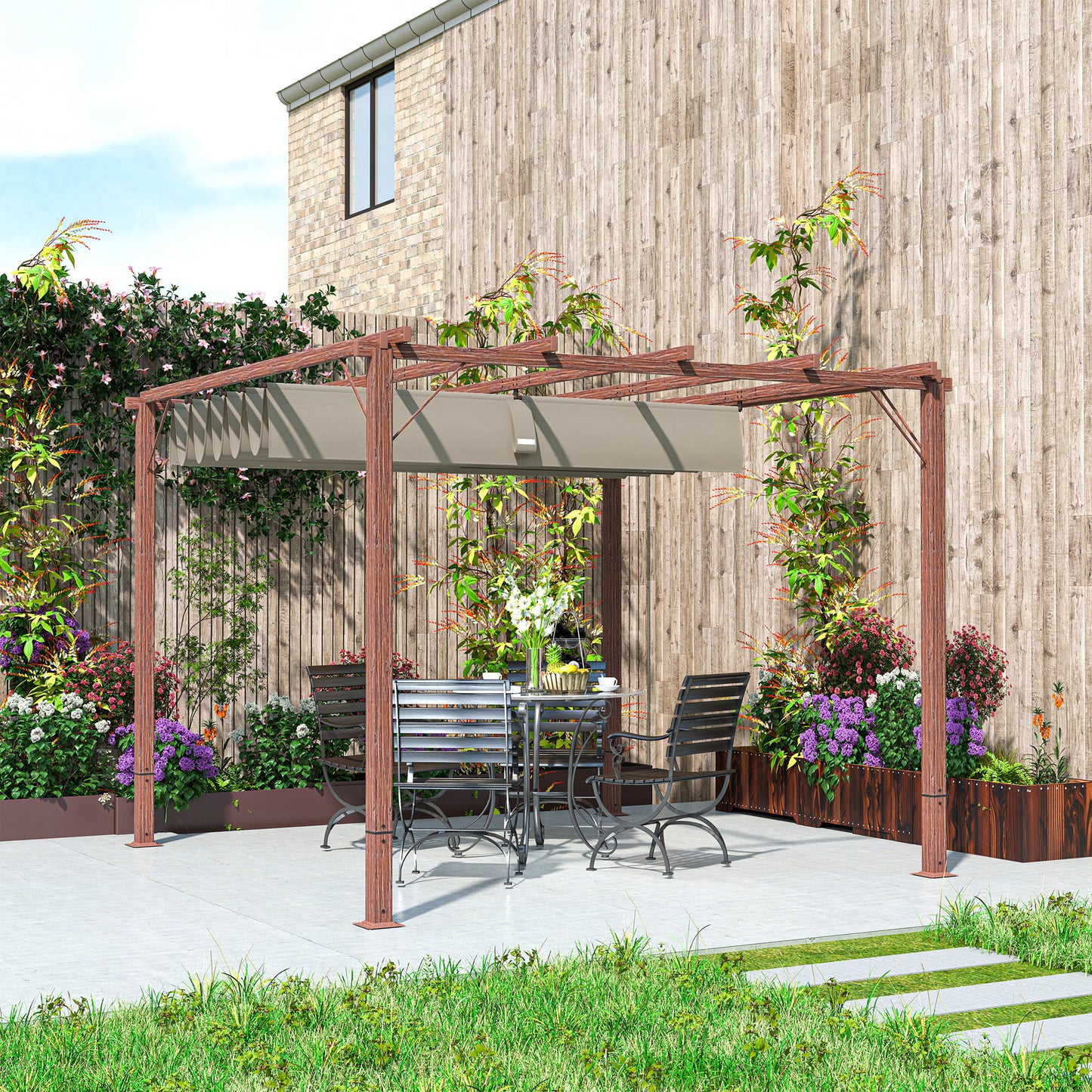 Outsunny 3 x 3 m Retractable Roof Pergola - Natural Wood Finish