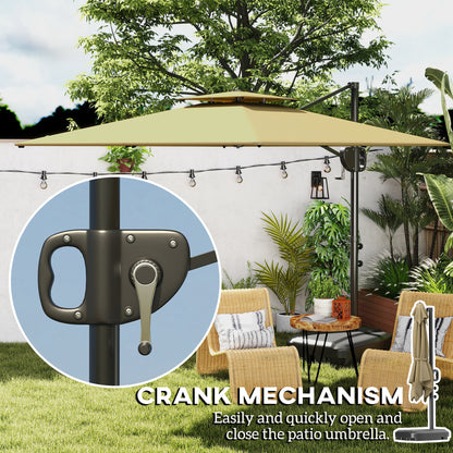 Outsunny Cantilever Parasol with Weighted Base Double Top Garden Parasol Square Hanging Patio Umbrella with Crank Tilt Khaki