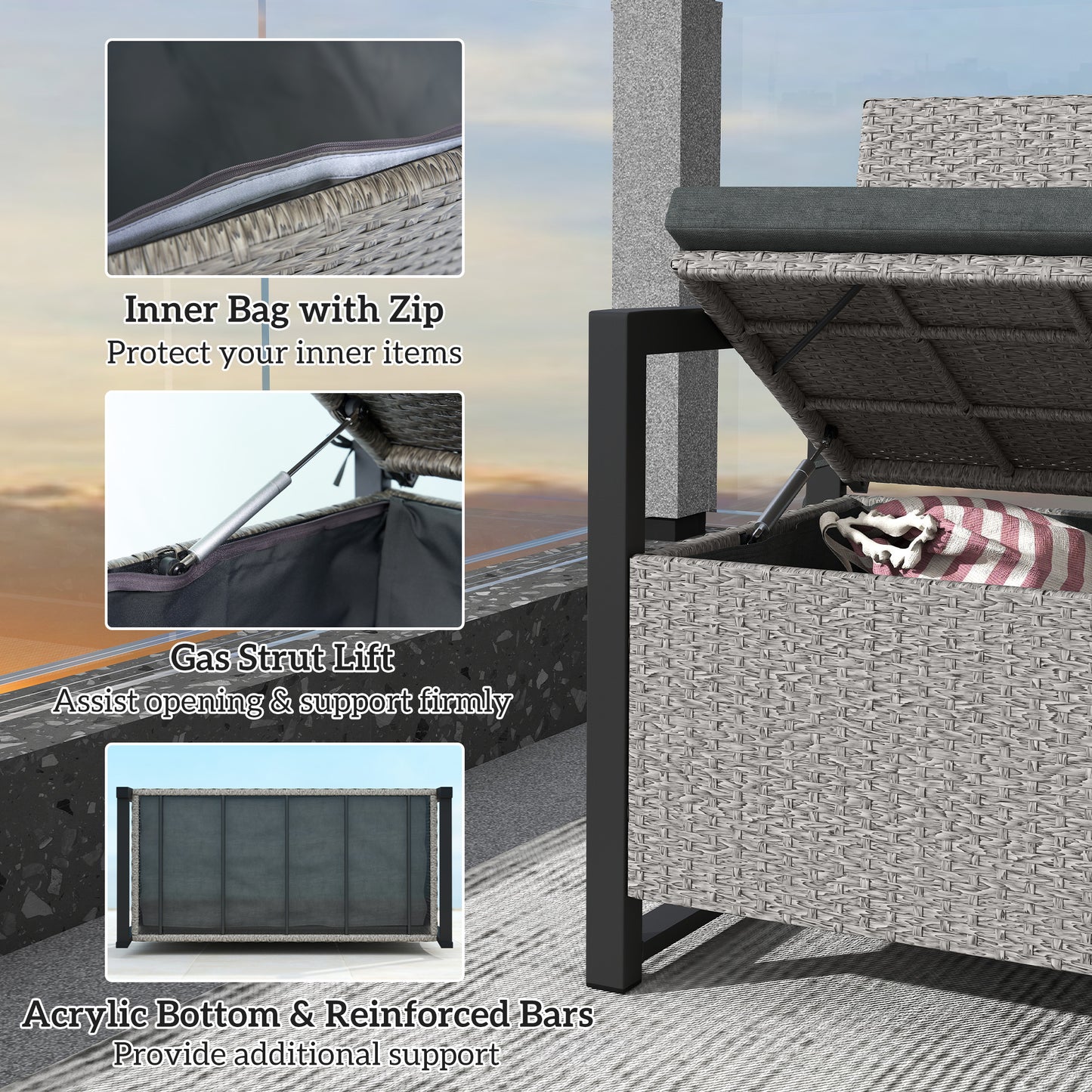 Outsunny 151.5L Storage Garden Bench, with Cushion - Grey