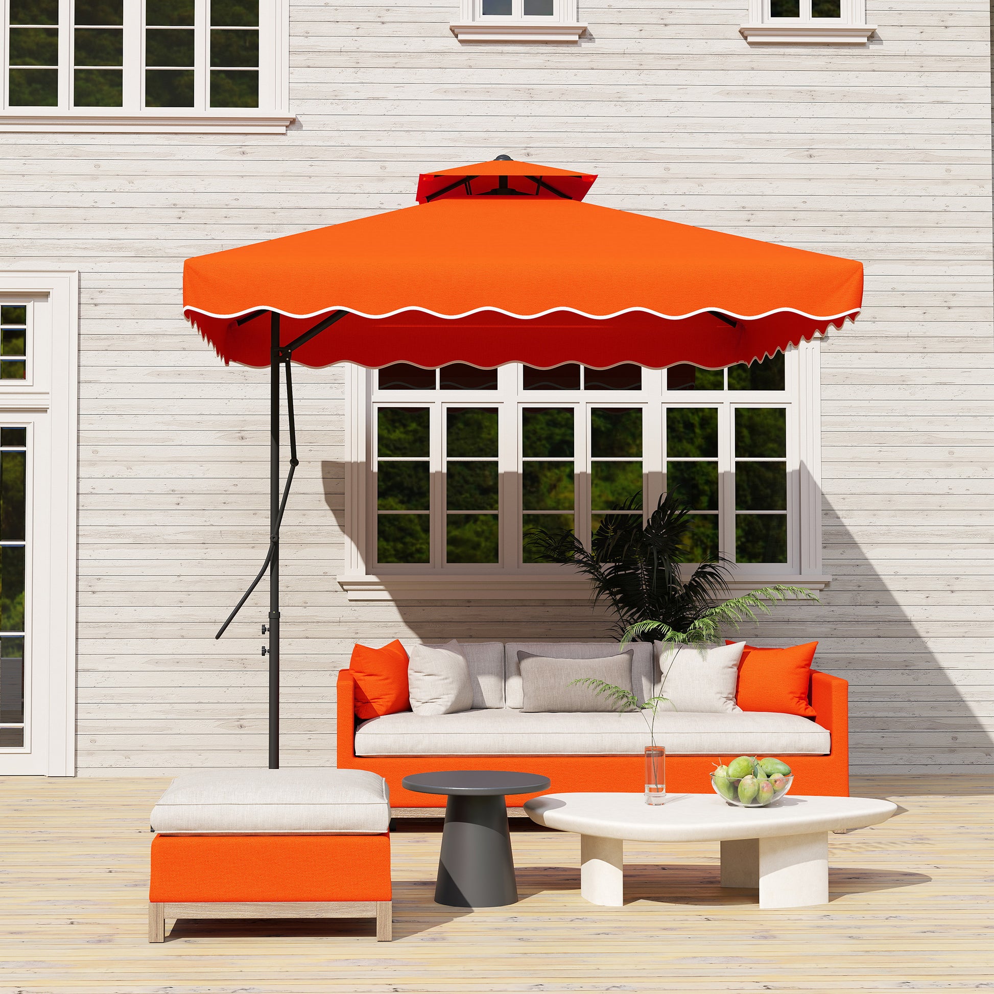 Outsunny 2.5m Cantilever Parasol with Easy Lever, Square Double Top Garden Parasol Umbrella with Ruffles and Cross Base, Overhanging Outdoor Sun Shades, Orange