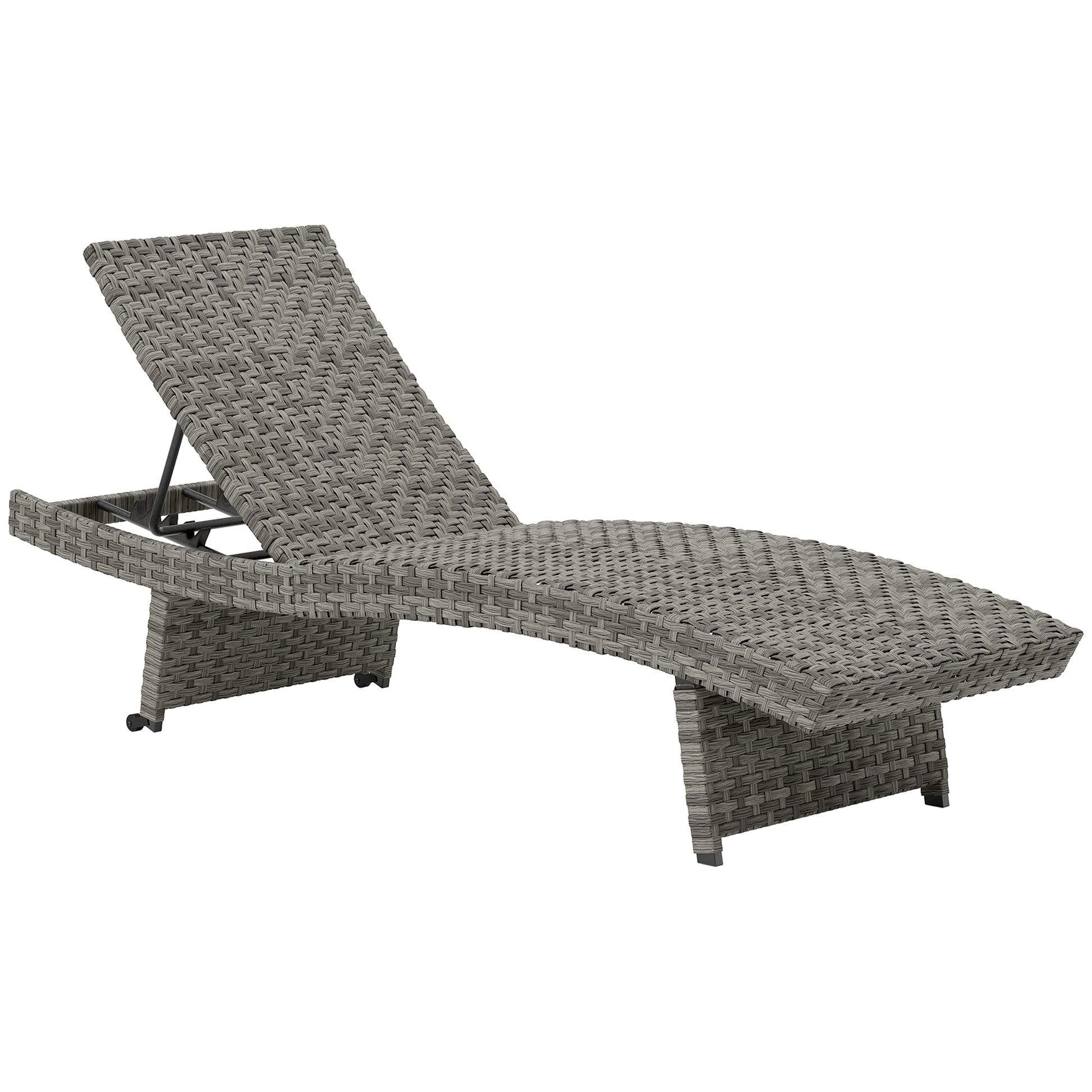 Outsunny Outdoor PE Rattan Sun Lounger, Folding Wicker Garden Lounger Recliner with 4-Level Adjustable Backrest, Rolling Sunbed Lounge Chair with Wheels, Non-Slip Legs for Balcony, Beach, Mixed-grey