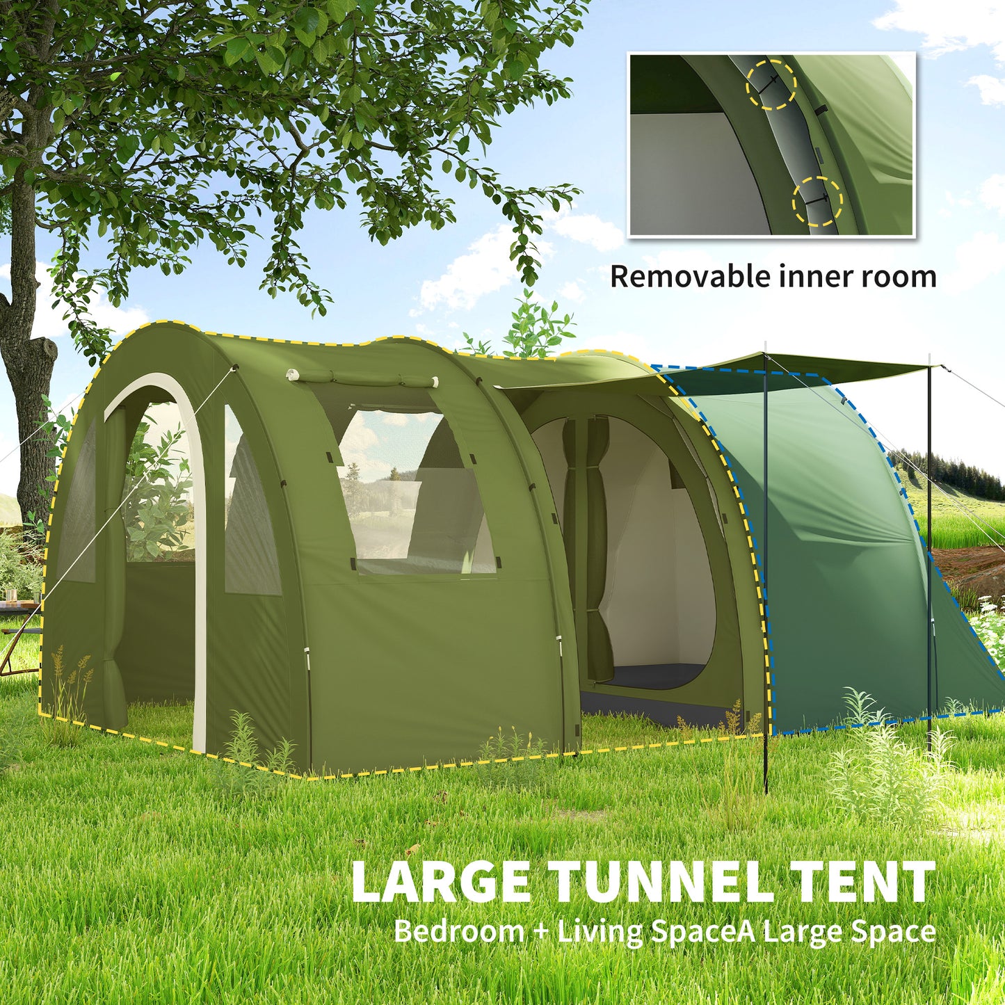 Outsunny 5-6 Man Camping Tent with 2 Room, Floor and Carry Bag - Green