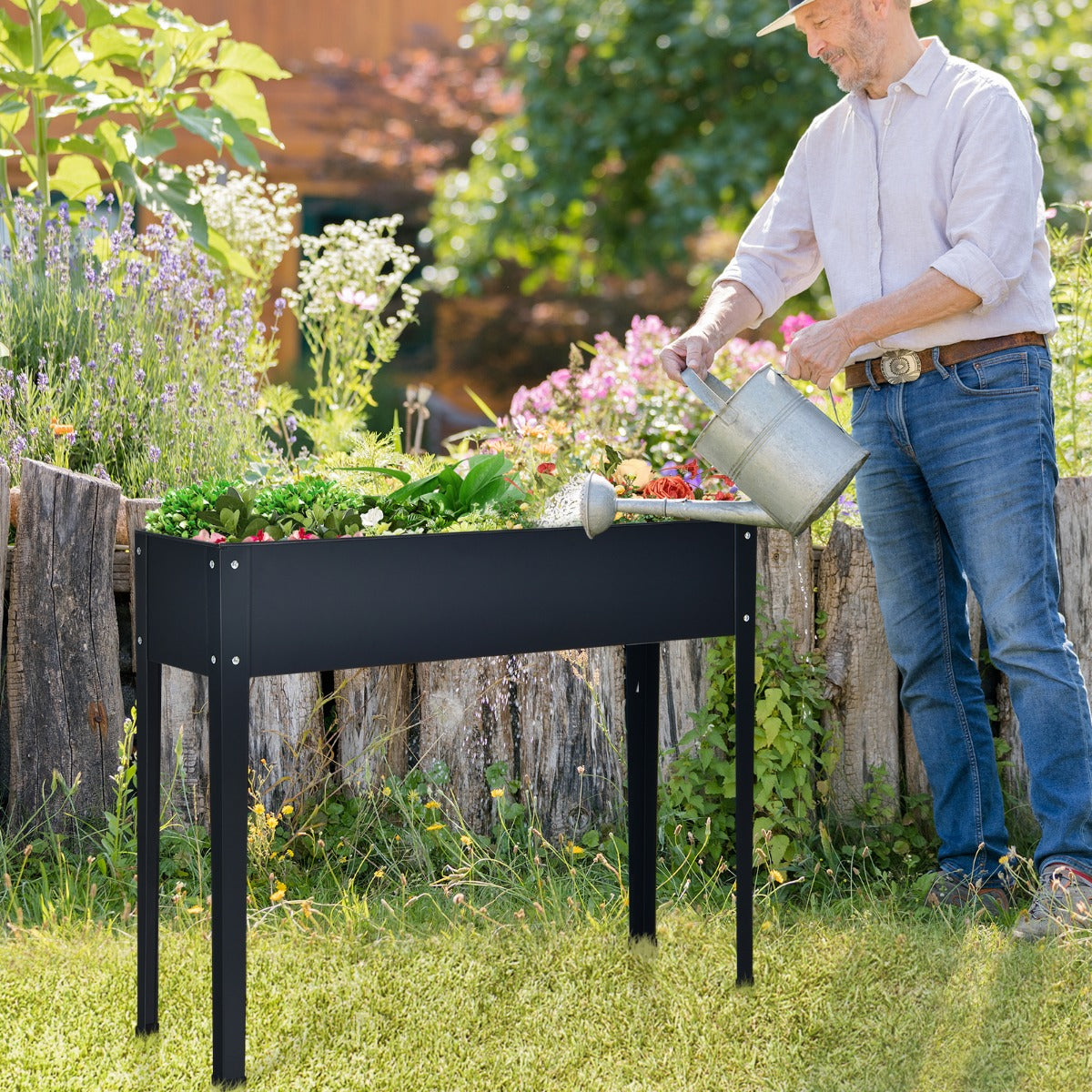 Elevated Raised Tall Garden Vegetable Plant Bed Box Planter Stand with Shelf-Grey