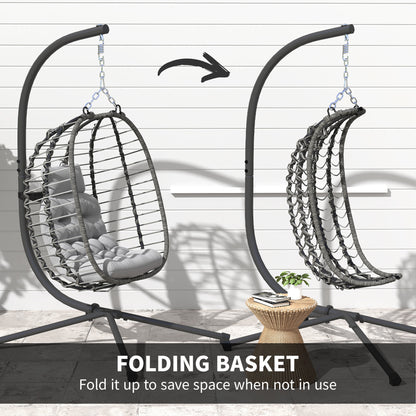 Outsunny Rattan Hanging Egg Chair, Foldable Wicker Hammock Swing Chair with Cushion, Stand, Adjustable Height, Head Pillow, Steel Frame for Garden Patio Indoor Outdoor, Light Grey