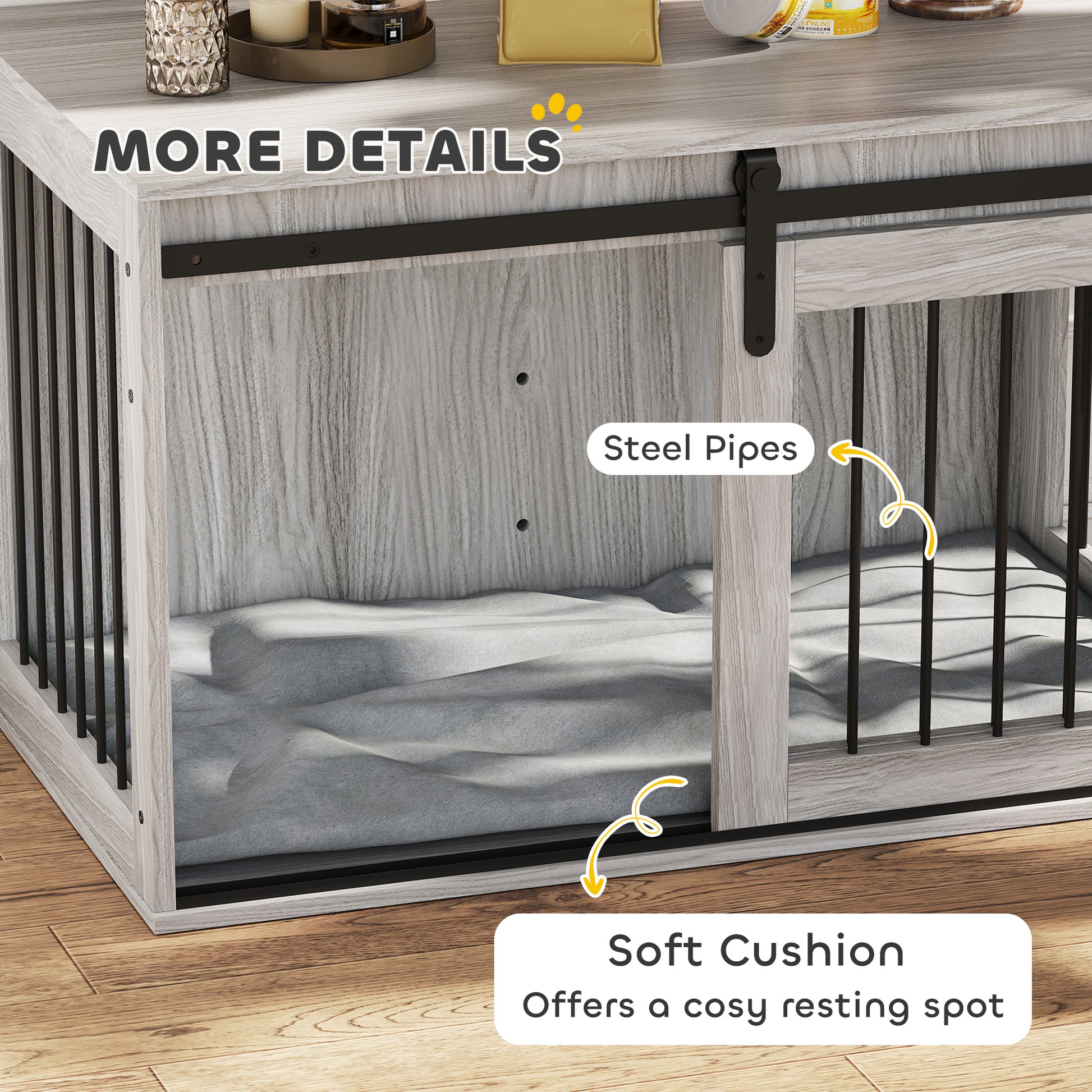 PawHut 98cm Dog Crate Furniture with Removable Cushion for Large Dogs - Grey