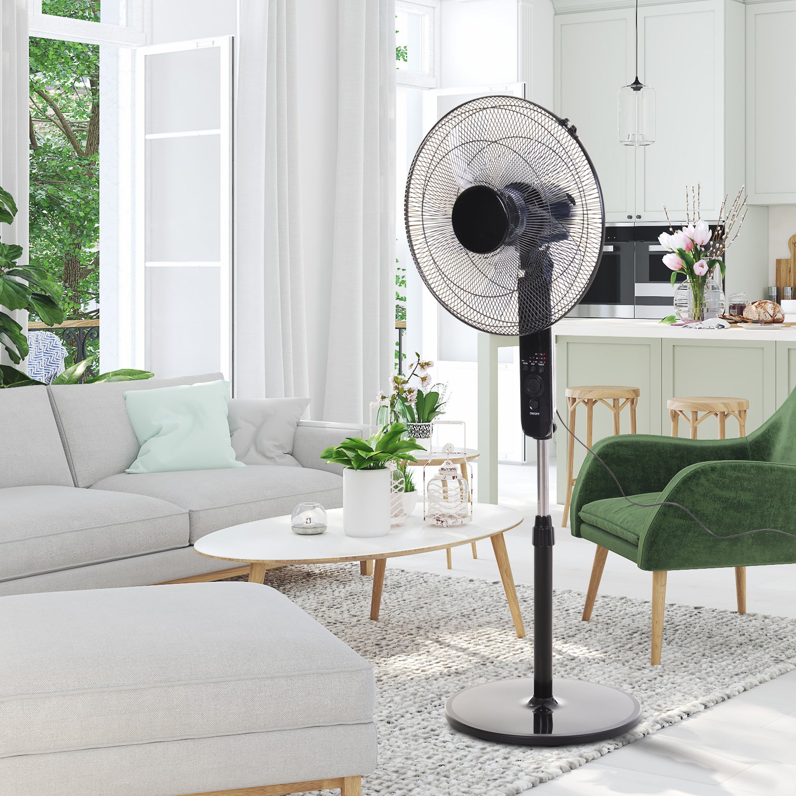 HOMCOM Oscillating Floor Fan W/ Remote Control-Standing Cooling Machine Indoor Air Refresher w/ Adjustable Height, Speed Mode, 7.5-Hour Timer Black