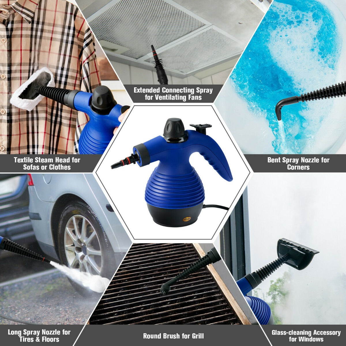 Multi-purpose Handheld Steam Cleaner with 9 Piece Accessories-Blue