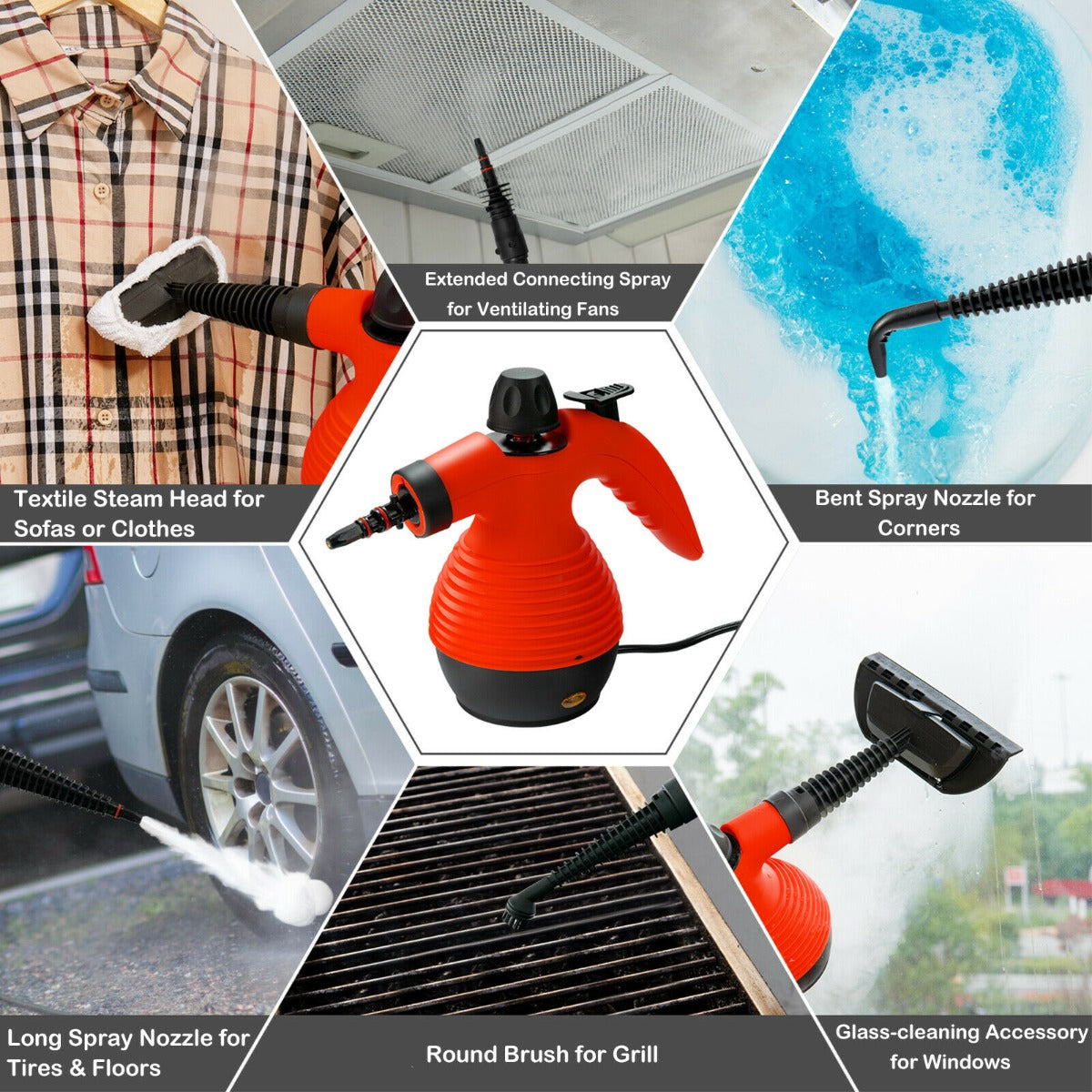 Multi-purpose Handheld Steam Cleaner with 9 Piece Accessories-Red