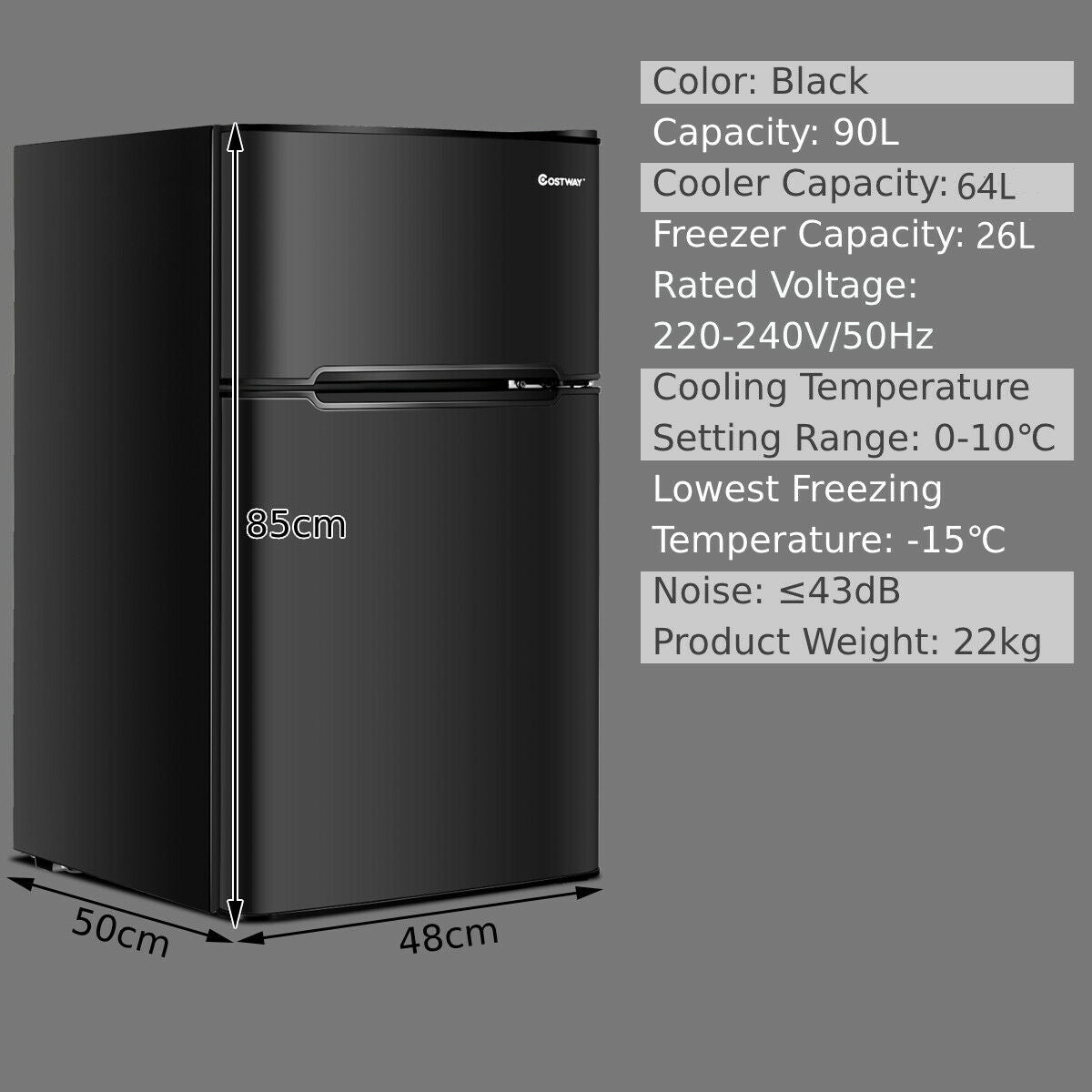 90L Freestanding Undercounter Refrigerator with 2 Reversible Door-Black