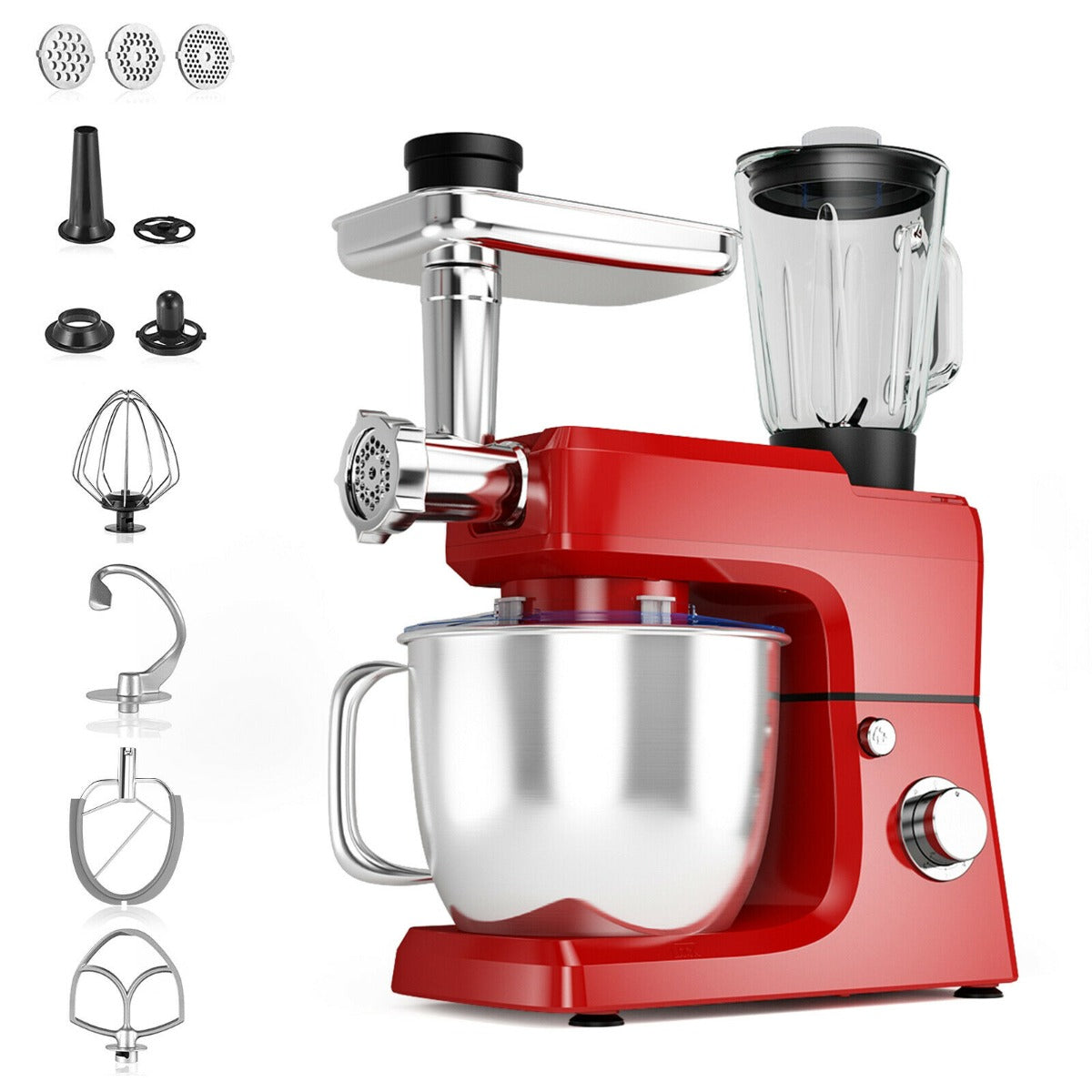 3 in 1 Electric Food Stand Mixer with Dough Hook and Mixing Bowl-Red