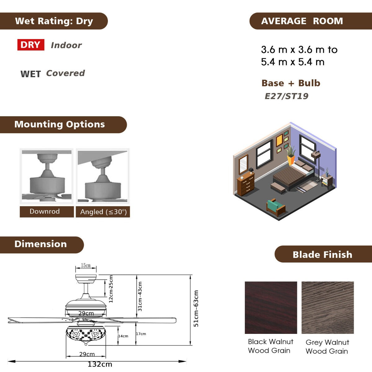 Ceiling Fan with Light and Remote Control for Bedroom Living Room-Black