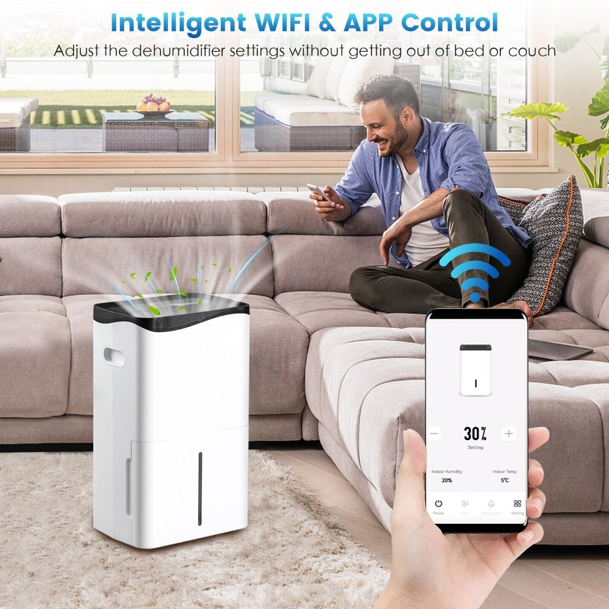 Portable 50L/Day Dehumidifier with App and Wifi for Home Damp-White