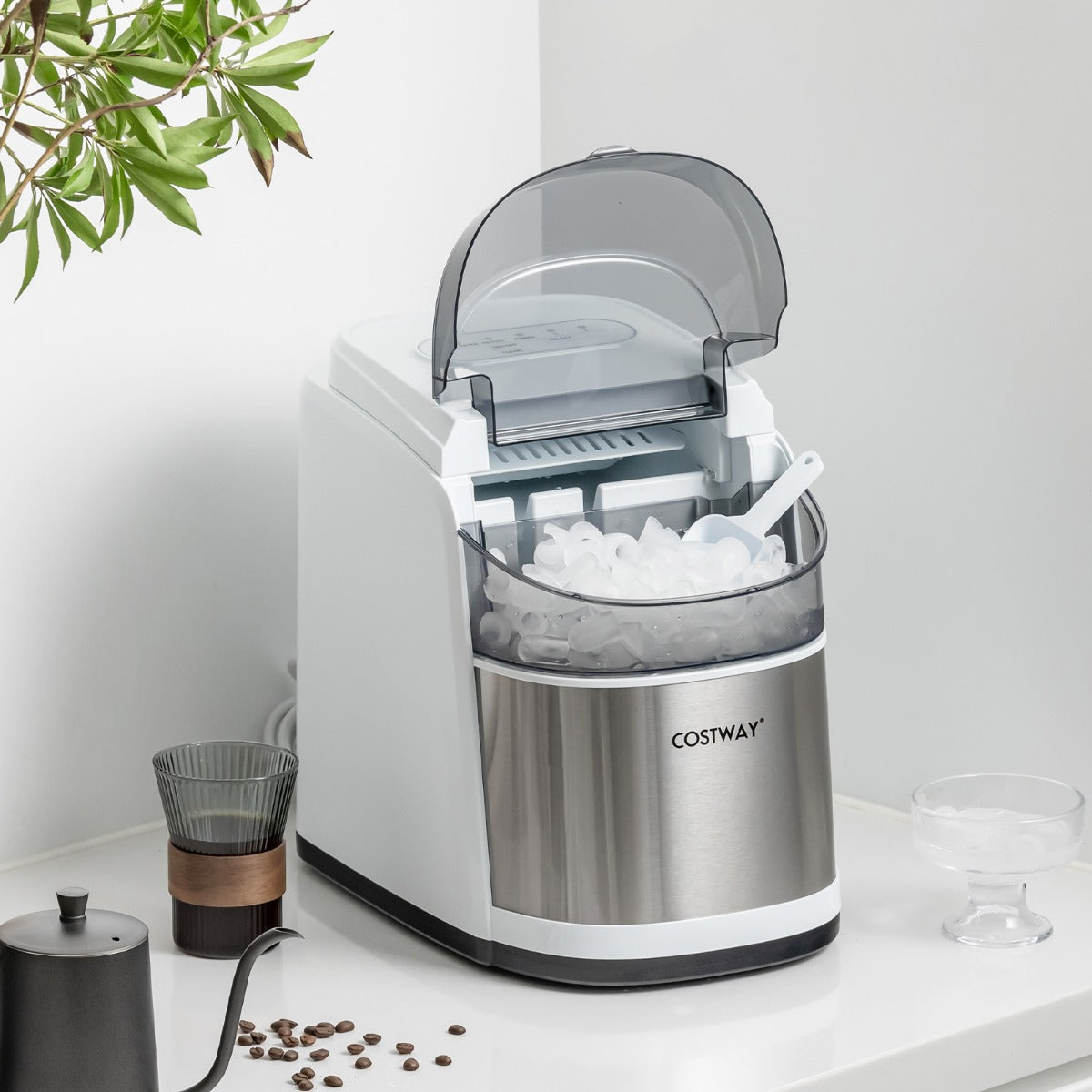 Portable Countertop Ice Maker with Ice Scoop and Basket-White