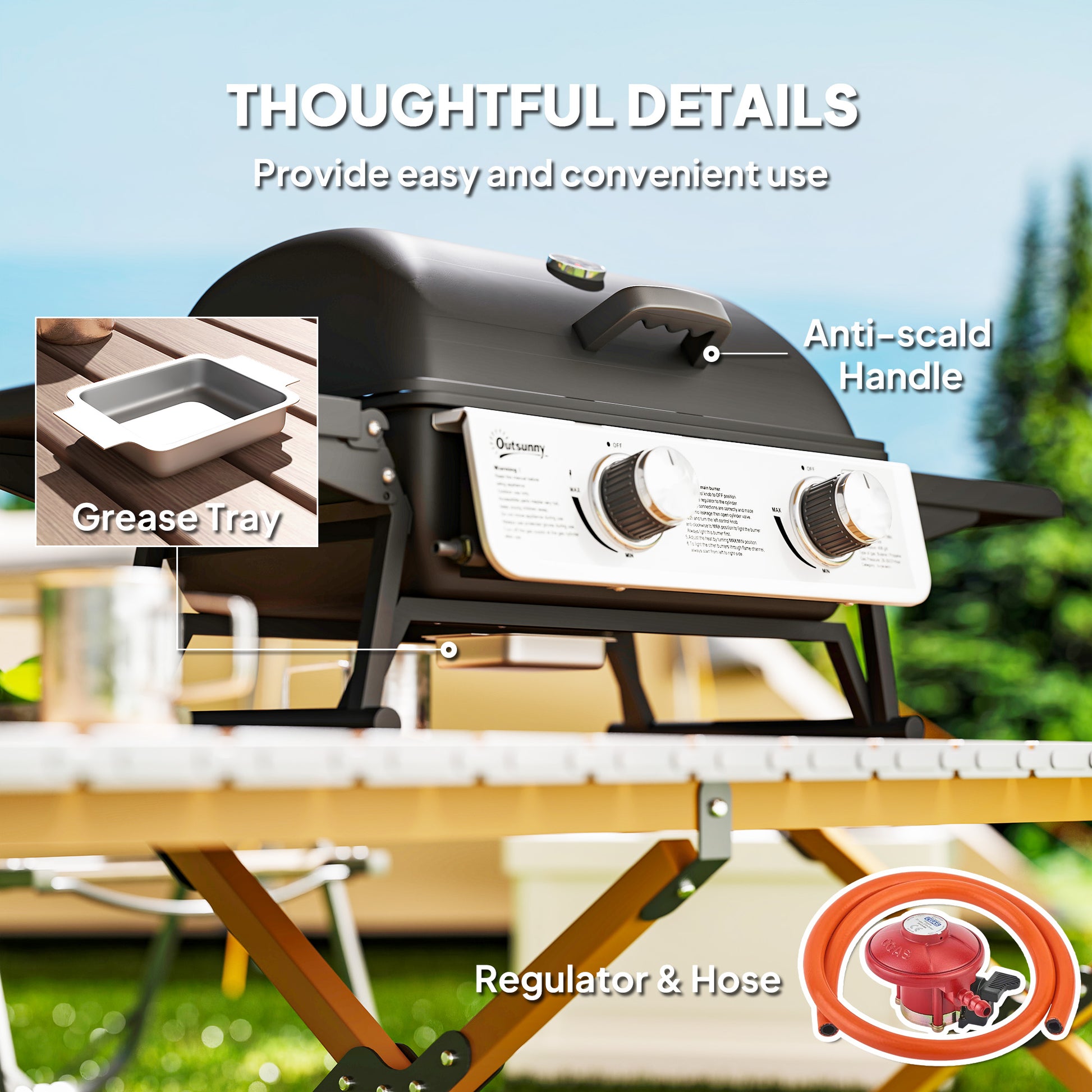 Outsunny 2 Burner Gas BBQ Grill with Foldable Side Tables, Portable Tabletop Gas Barbecue Grill with Built-in Thermometer, Lid, Grease Tray for Garden Party Camping Picnic Outdoor Cooking 5.6KW, Black