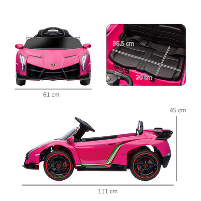 HOMCOM Lamborghini Veneno Licensed 12V Kids Electric Ride on Car w/ Butterfly Doors, Portable Battery, Powered Electric Car w/ Bluetooth, Pink