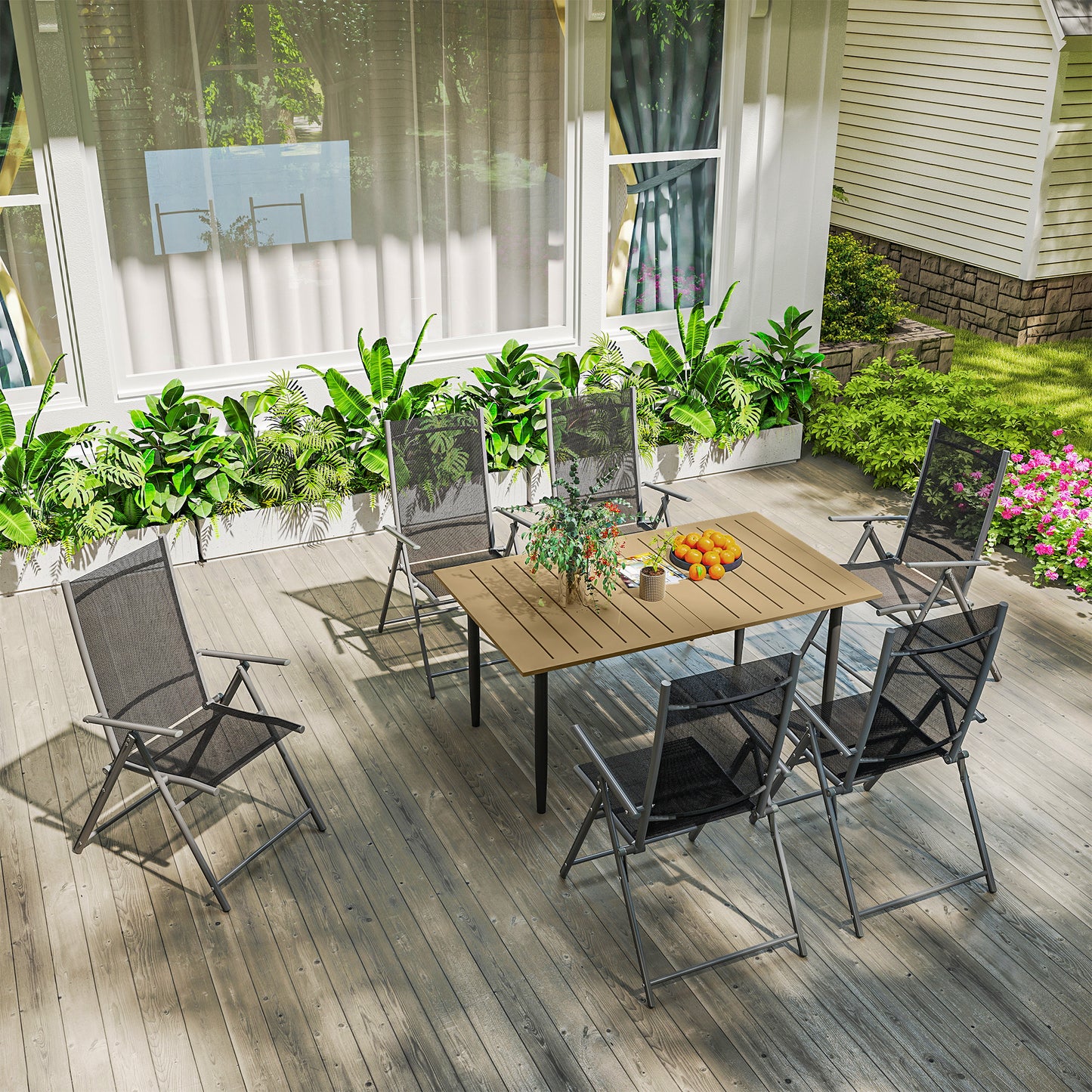 Outsunny Garden Dining Table for 6 Person, Rectangle Outdoor Coffee Table with 5 cm Parasol Hole, Slatted Tabletop and Steel Frame for Patio Balcony, Brown