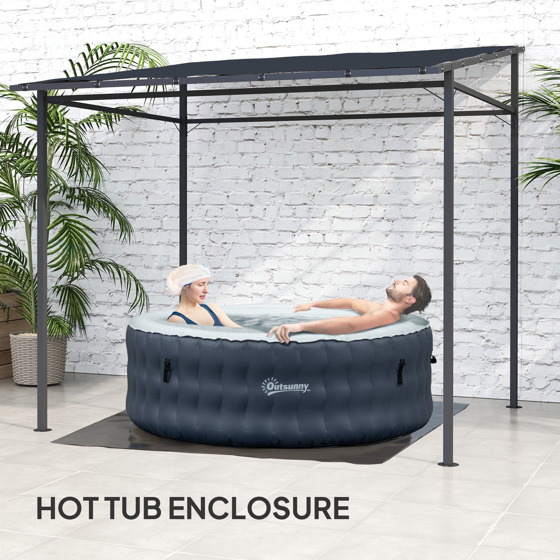 Outsunny 2.4 x 2.4 m Wall Mounted Pergola Gazebo with PA Coating Fabric and Metal Frame, UPF30+, Lean to Garden Gazebo, Wind Resistant Outdoor Sun Shade Shelter for Garden, Deck, Dark Grey