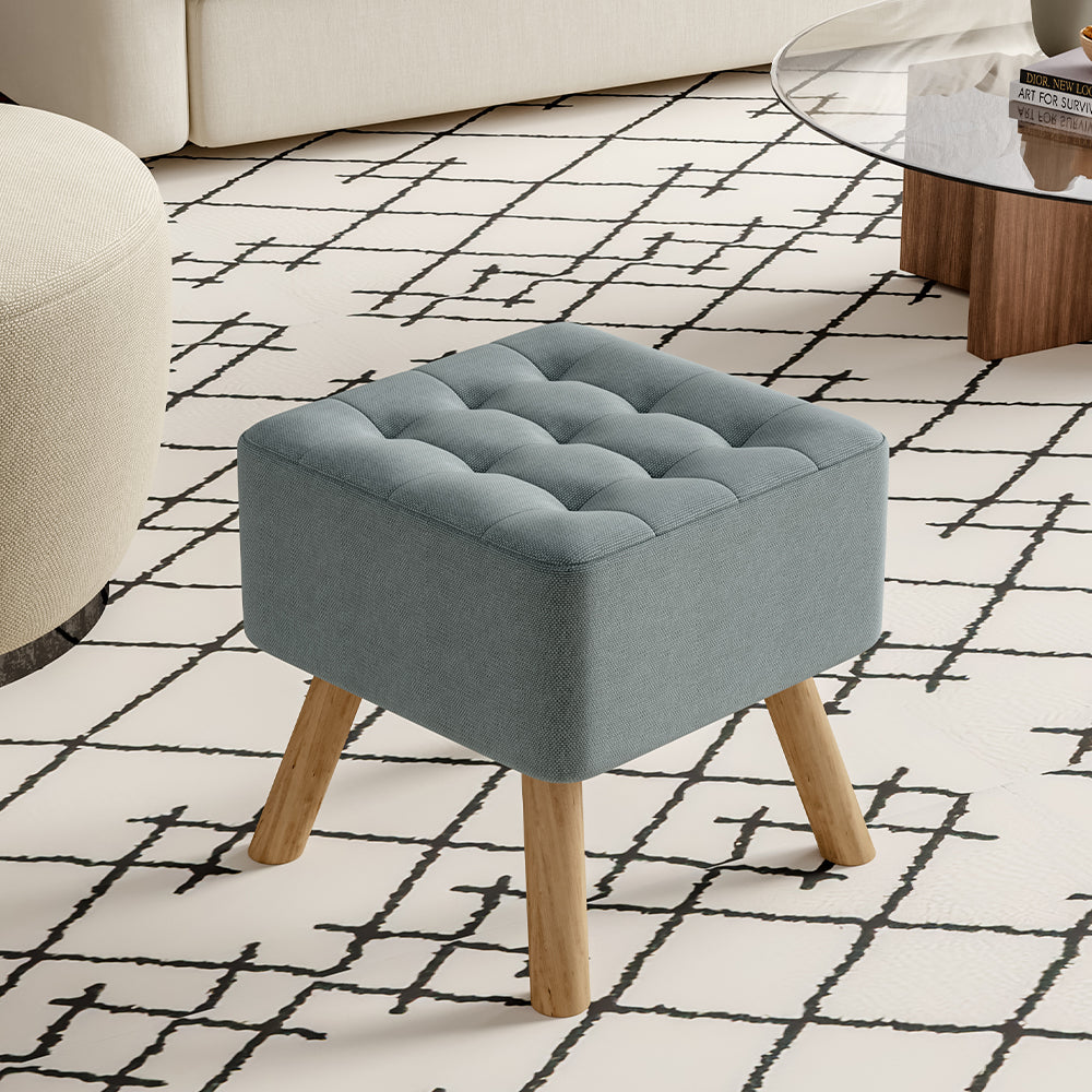 Linen Square Tufted Footstool with Wooden Legs