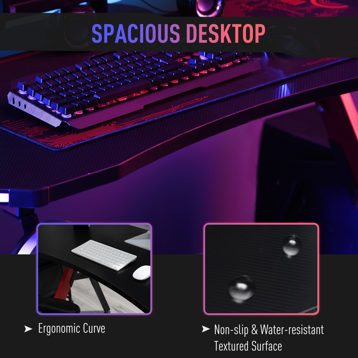 HOMCOM Gaming Desk Racing Style Home Office Ergonomic Computer Table Workstation with RGB LED Lights, Hook, Cup Holder, Controller Rack Black Red