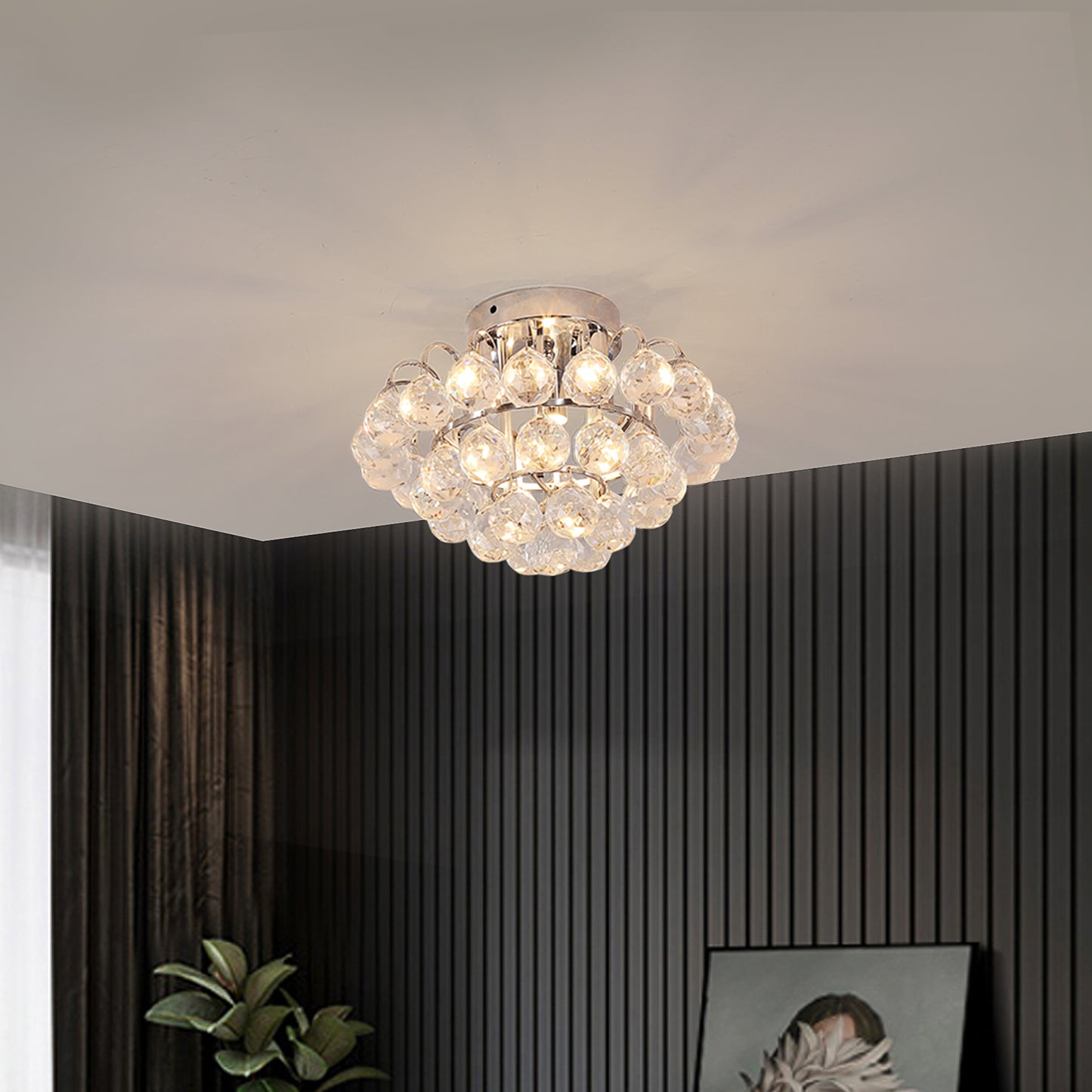HOMCOM Crystal Ceiling Lamp Chandelier Hallway Flush Mount Pendant 3 Light ?30cm Silver